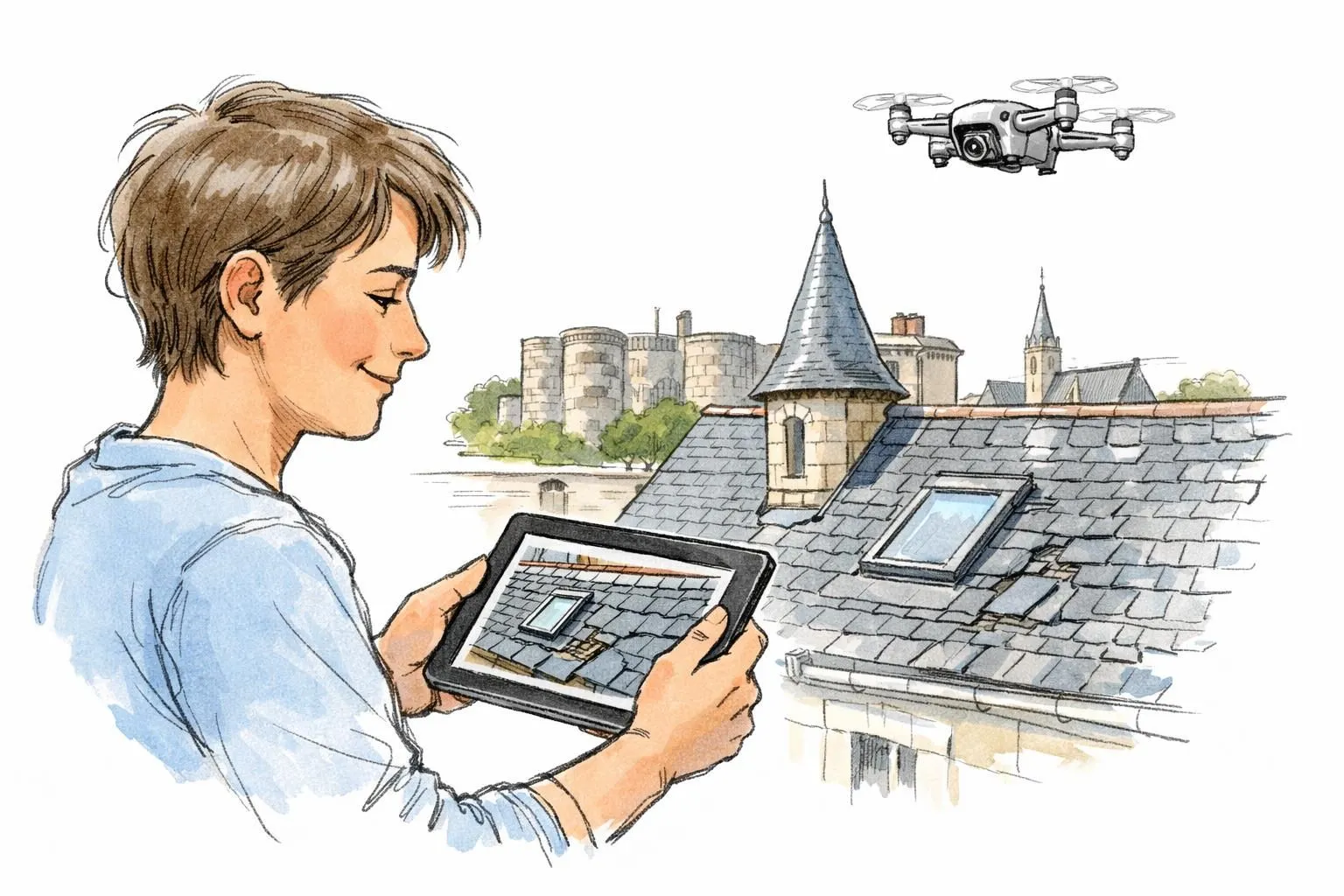 Inspection toiture drone prix Angers 2026: dessin d'un drone sur toit angevin, avec opérateur. Demandez votre devis.