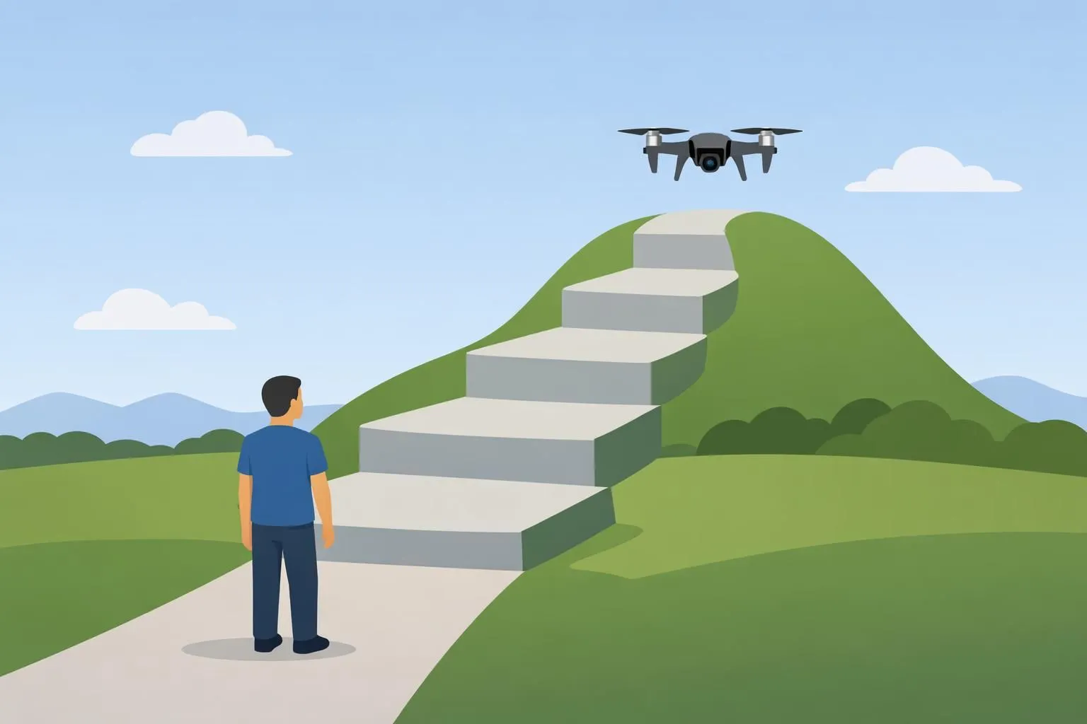 Illustration minimaliste montrant un pilote progressant sur 5 étapes pour devenir pilote de drone professionnel en France.