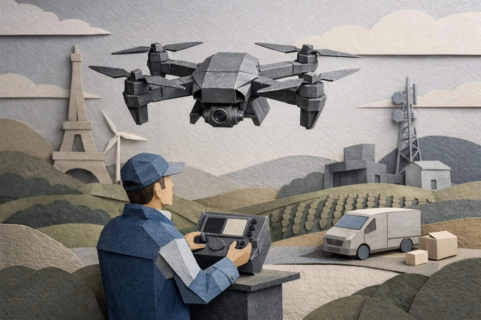 Drone professionnel futuriste en paper craft, survolant une scène française. Illustre le futur du drone et les métiers en Fra