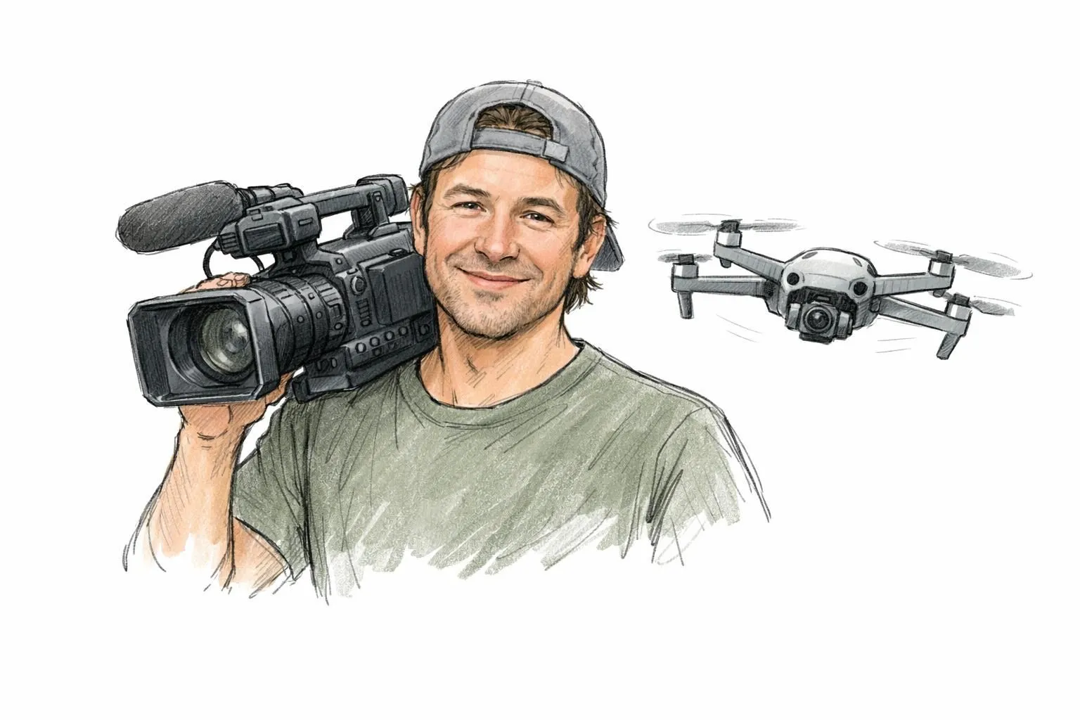 Sketch d'un vidéaste événementiel à Nantes avec drone, symbolisant des tarifs transparents et un service pro.