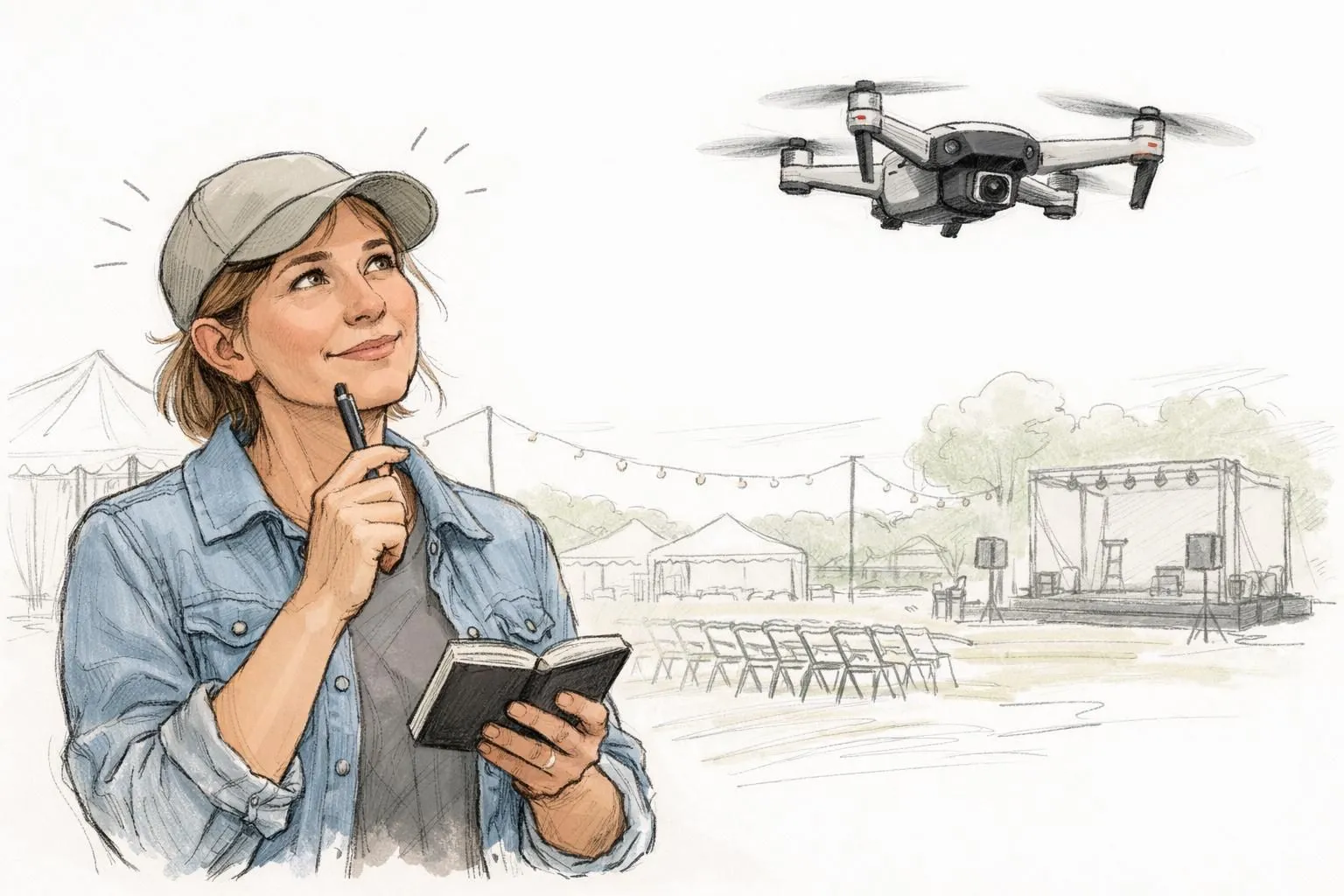 Illustration esquissée d'une personne analysant les tarifs vidéo événementiel drone pour faire le meilleur choix.