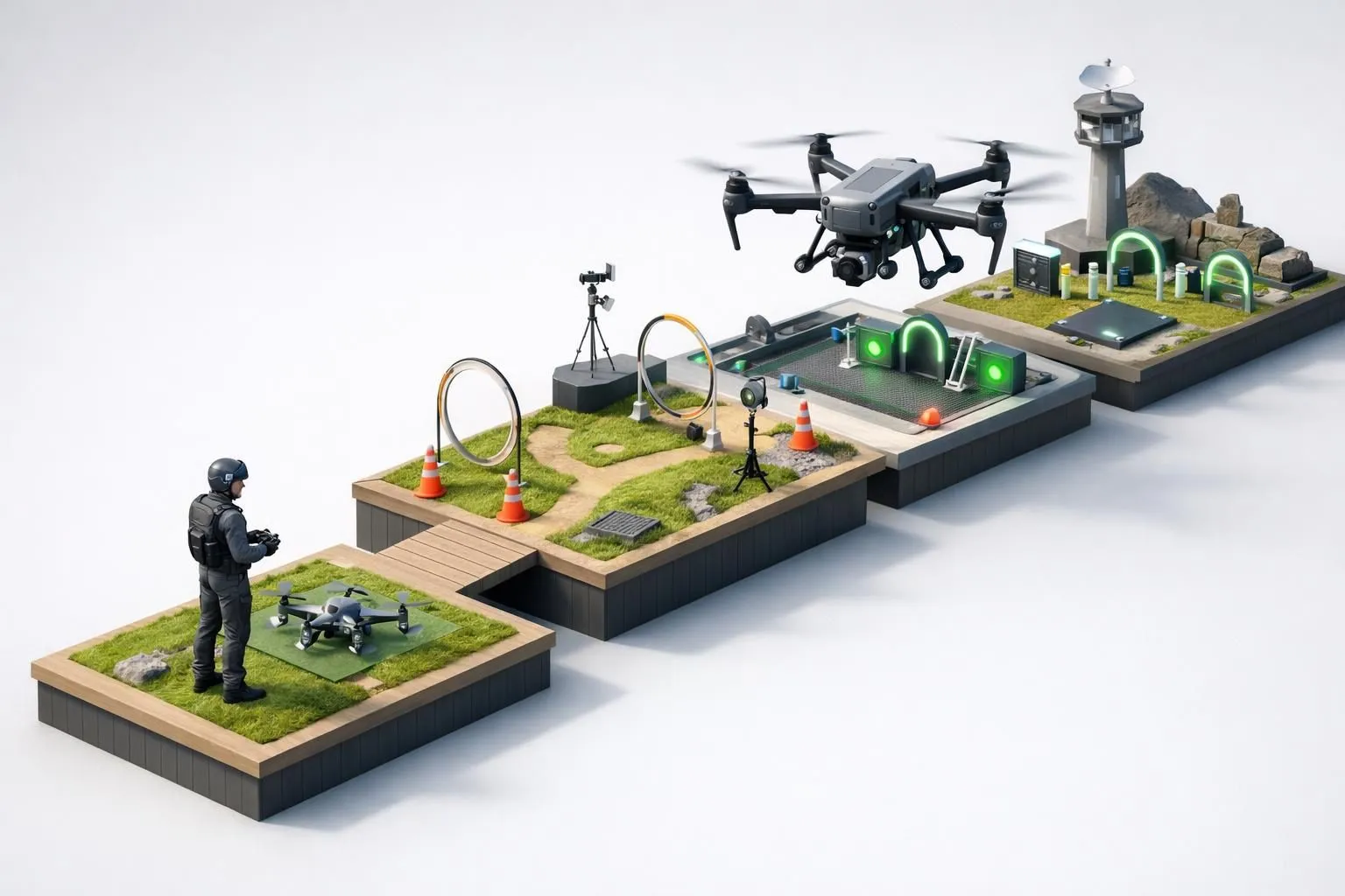 Image isométrique 3D formation drone A1, A2, A3, STS-01, STS-02 avec pilote et drones variés.