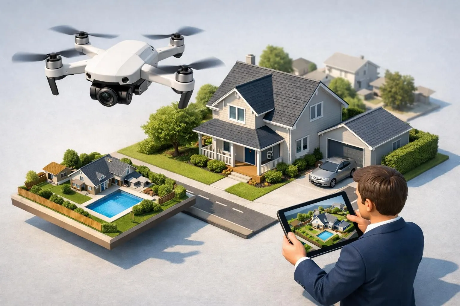 Drone moderne survolant une maison stylisée, illustrant les avantages d'un drone pour l'immobilier et la vue aérienne.