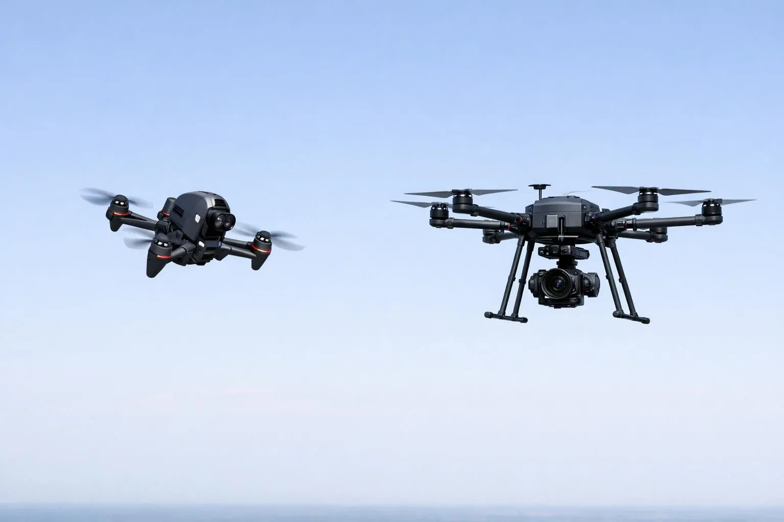 Illustration minimaliste d'un drone FPV agile face à un drone cinéma stable, comparant leurs usages de tournage.