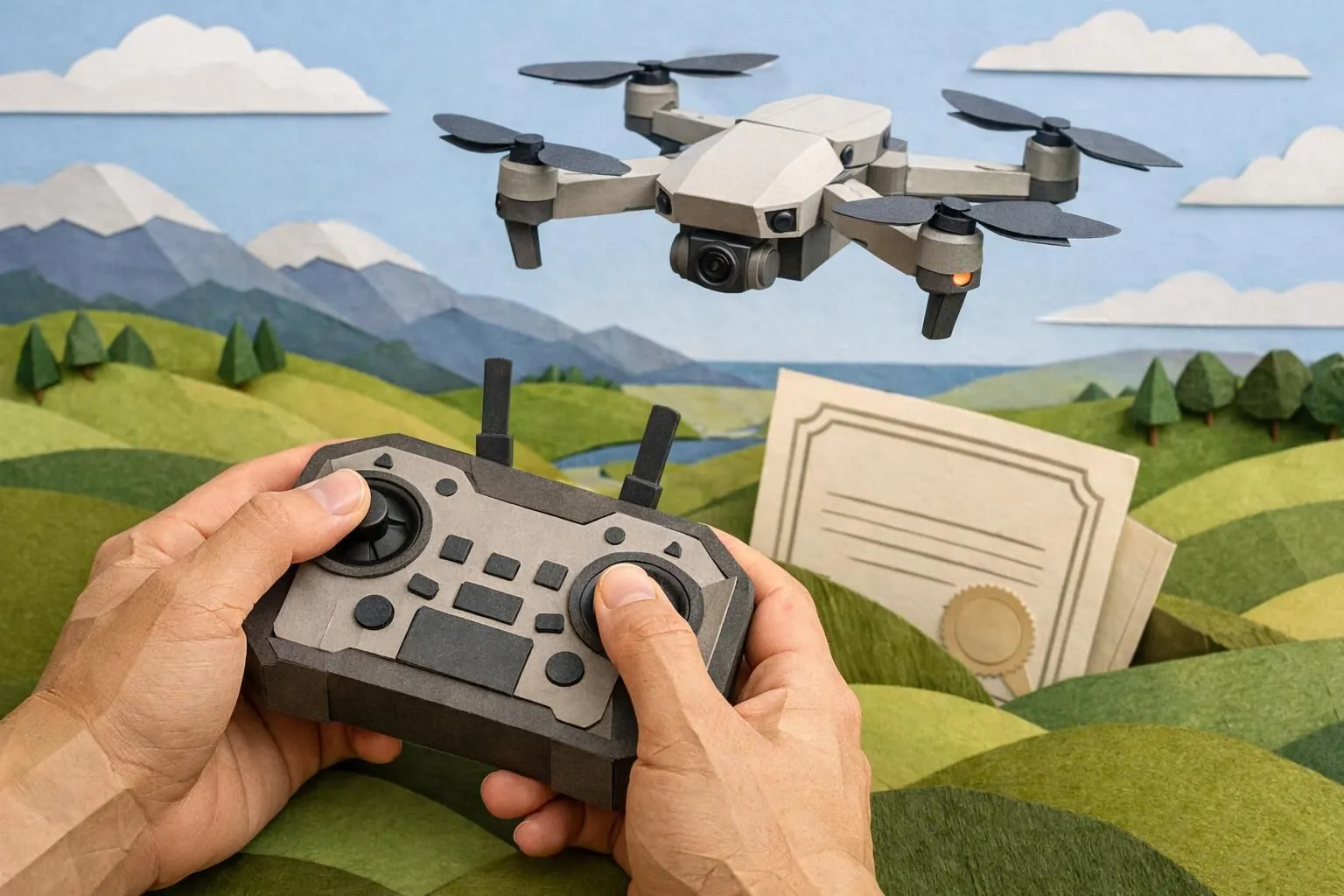 Quelle formation pour piloter un drone et obtenir sa certification. Scène paper craft d'un drone, pilote, et diplôme.