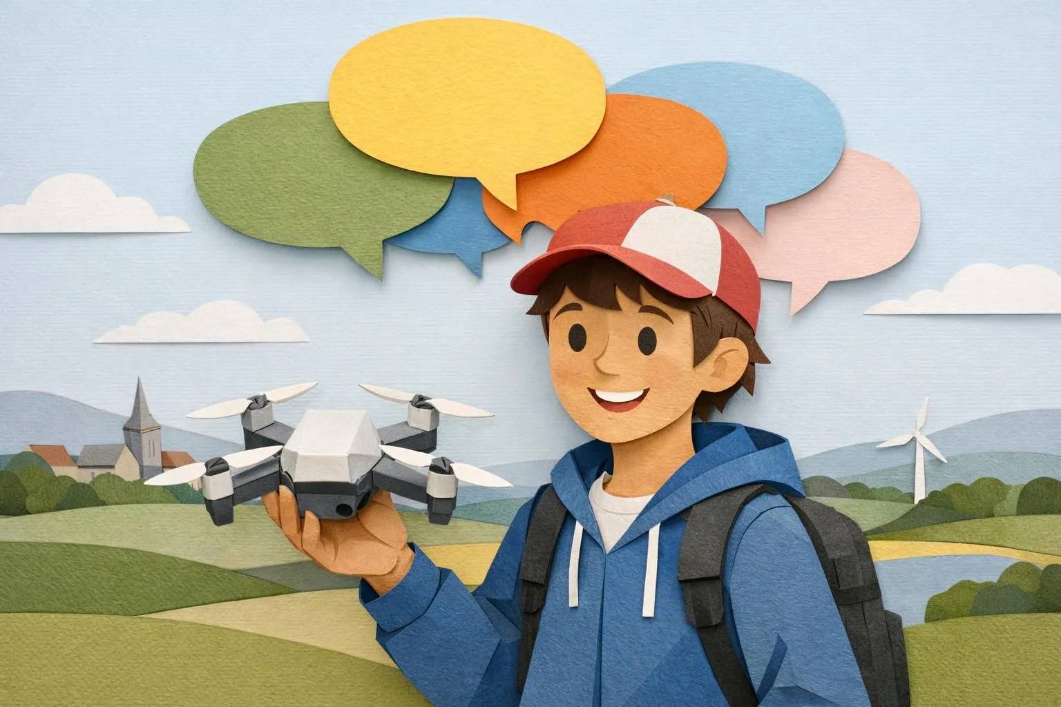 Témoignages formation drone Cholet: élève heureux avec drone origami et bulles de dialogue positives.