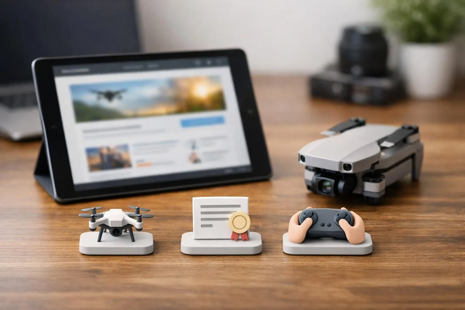 Formations drone en ligne 2026: comparatif des 4 meilleures. Tablette et symboles d'apprentissage professionnel.