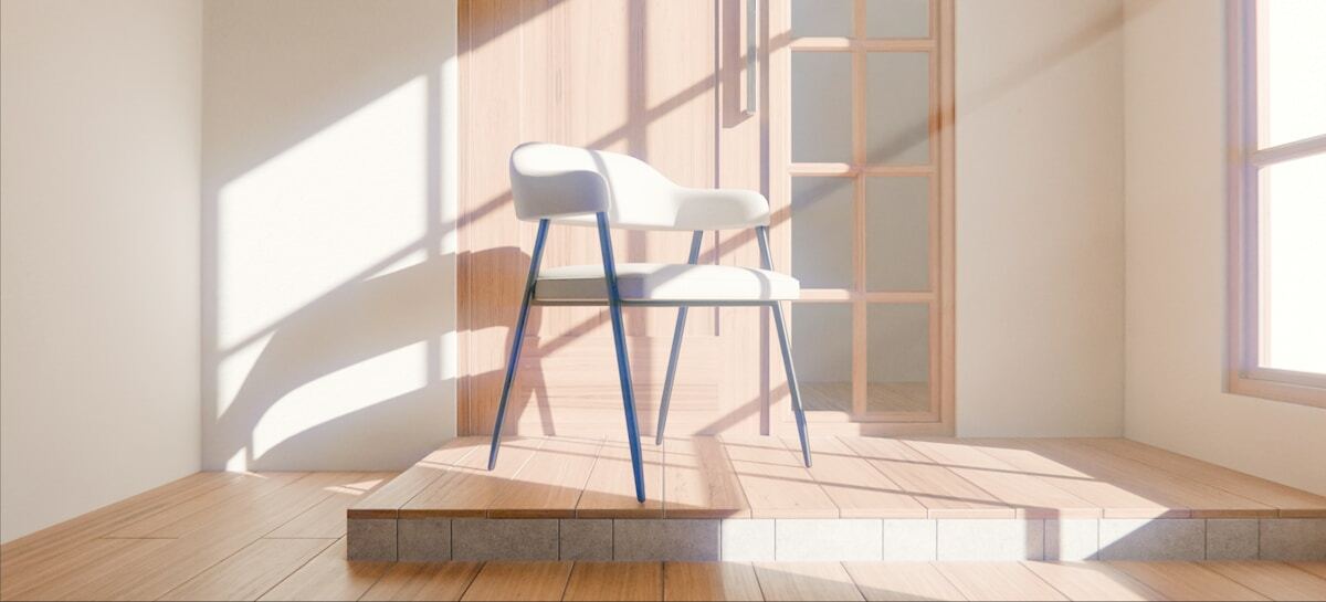 A chair bathed in sunlight near a window.