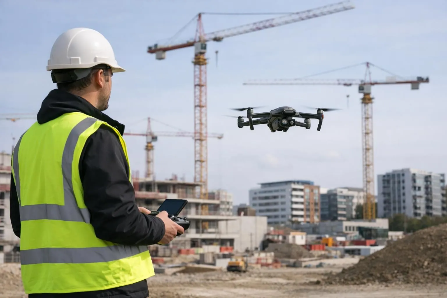 Professional drone operator in reflective vest piloting modern quadcopter over French construction site with urban buildings and cranes in background, showcasing real-world commercial application