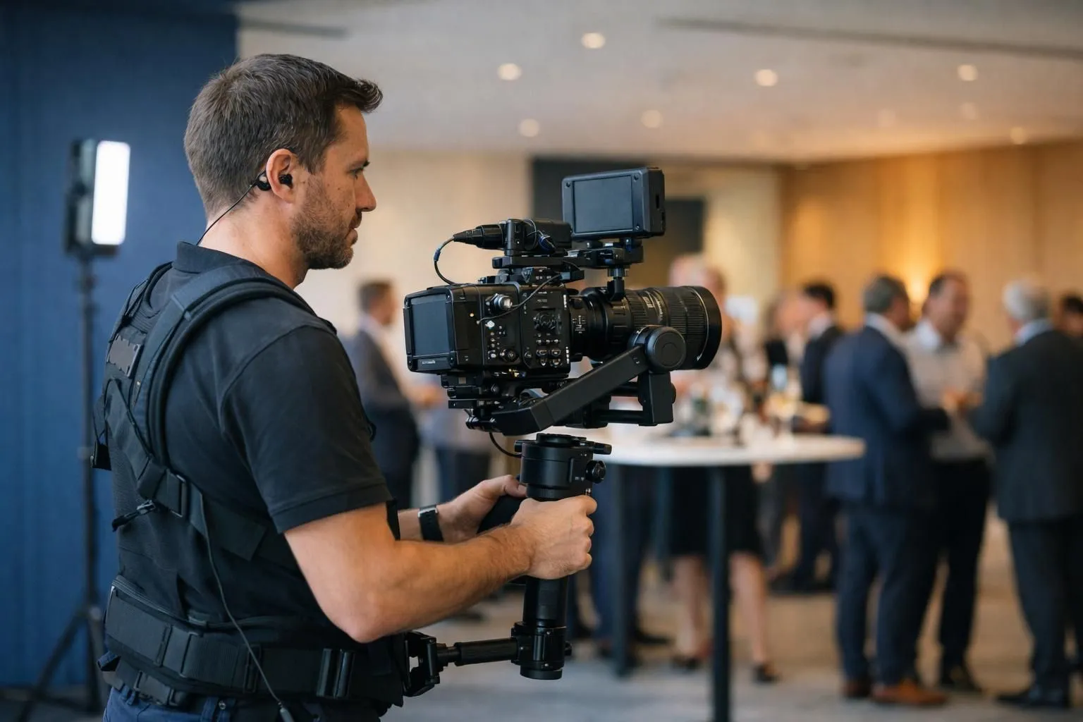 Professional videographer operating cinema camera on gimbal stabilizer filming corporate event in elegant Nantes venue with guests mingling in background, modern lighting equipment visible, shallow depth of field focusing on camera operator