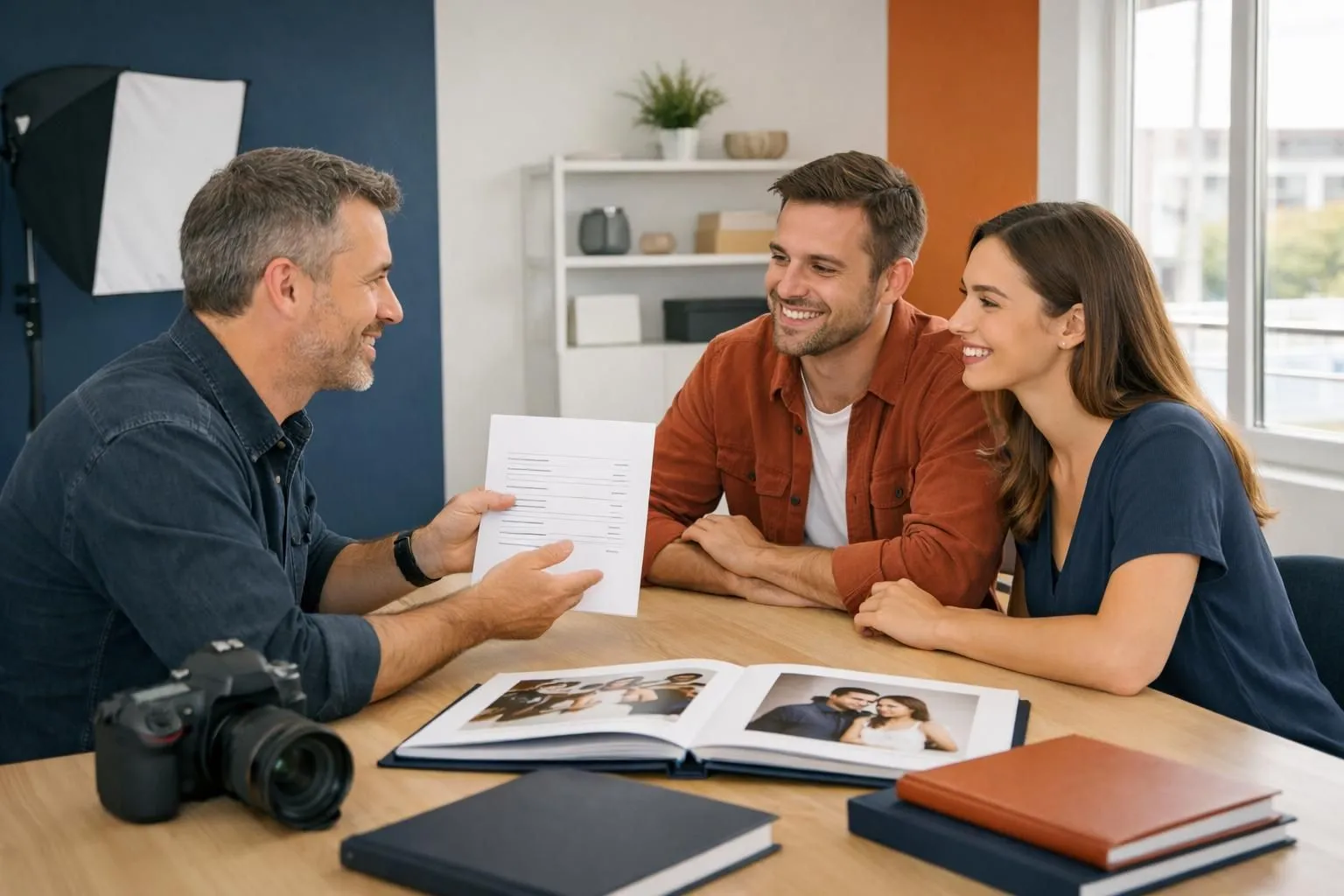 Professional photographer explaining pricing packages to smiling couple seated at consultation desk in bright Cholet photography studio, portfolio albums visible on table, warm natural lighting through large windows