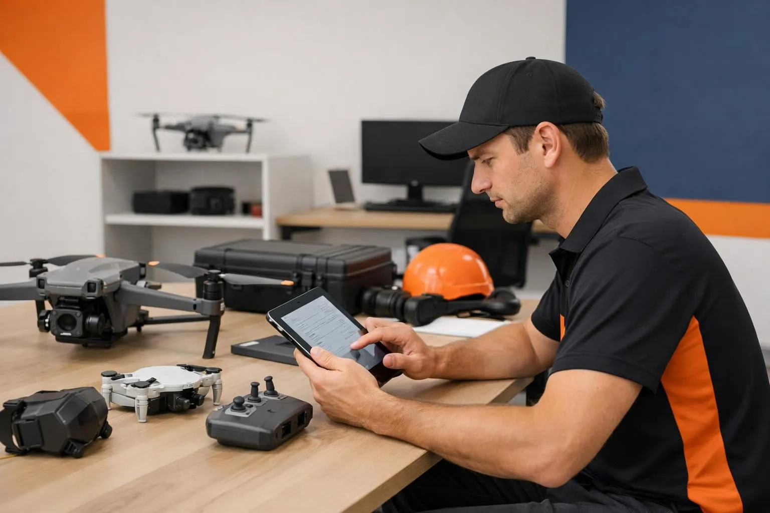 Professional drone operator reviewing STS-01 and STS-02 certification documents on tablet screen in training center with modern drones displayed on table, realistic workplace setting with aviation regulatory materials visible