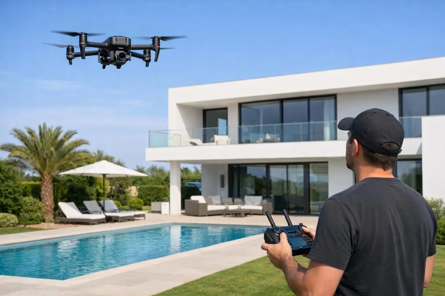 Drone DJI professionnel équipé d'une caméra 4K survolant une villa contemporaine avec piscine et jardin paysager, opérateur pilote visible au sol avec télécommande, ambiance professionnelle immobilière en plein jour