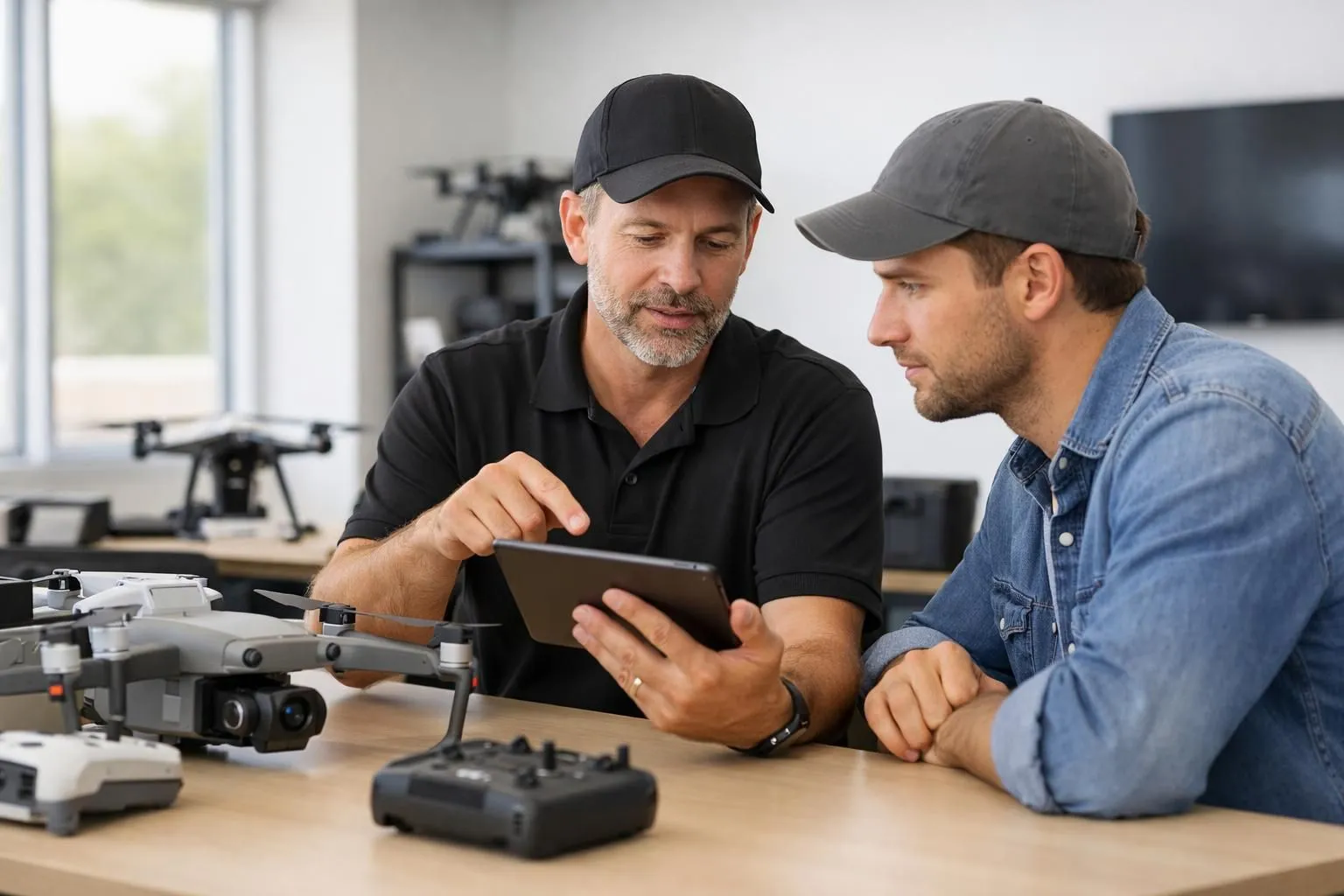 Professional drone instructor showing flight regulations on tablet to adult student in modern training center with drones displayed on desk, both wearing business casual attire, natural lighting from windows, focused learning atmosphere