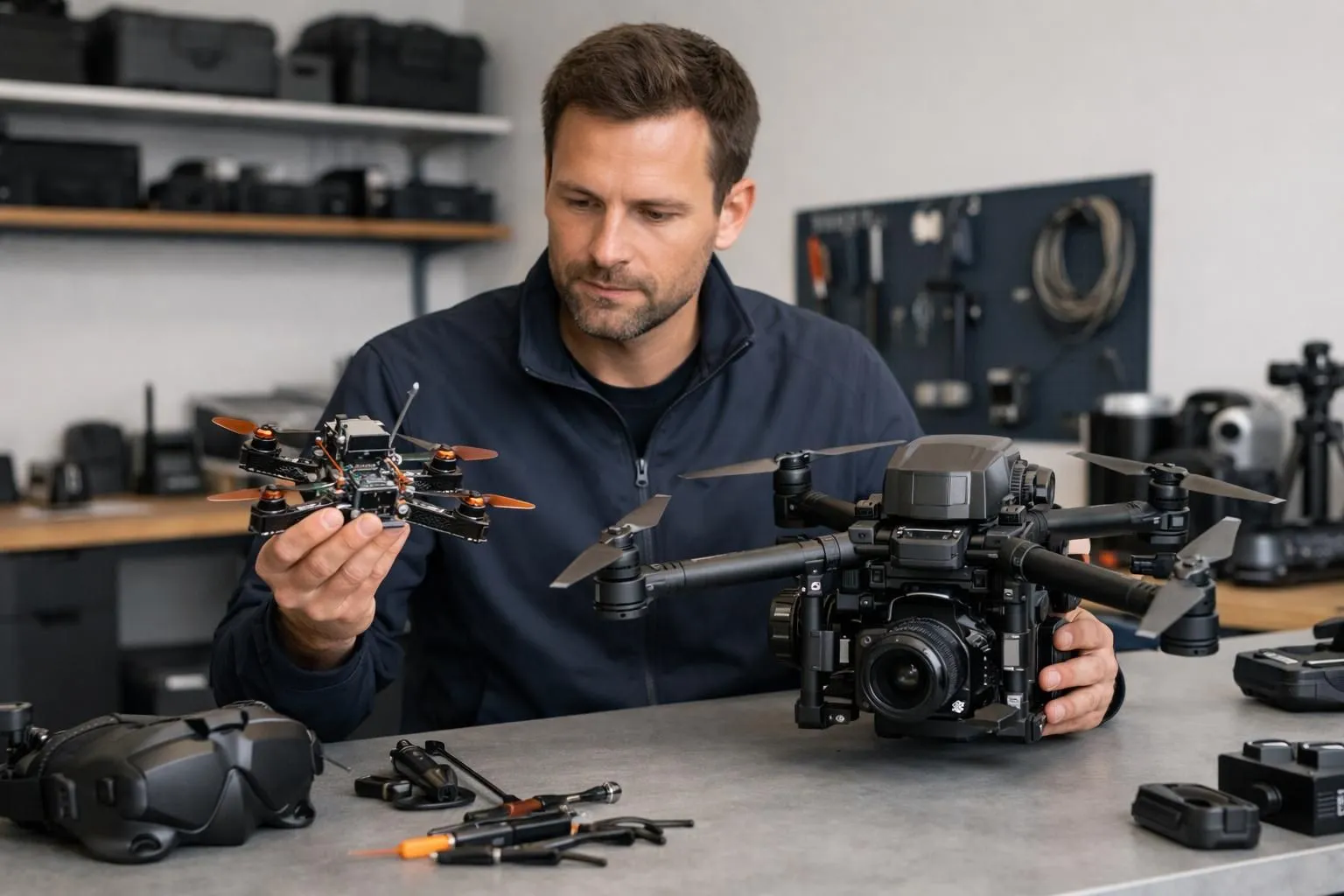 Professional drone operator in workshop examining two contrasting drones side by side - a nimble FPV racing drone with exposed components next to a larger stabilized cinema drone with gimbal camera, technical equipment visible on workbench background