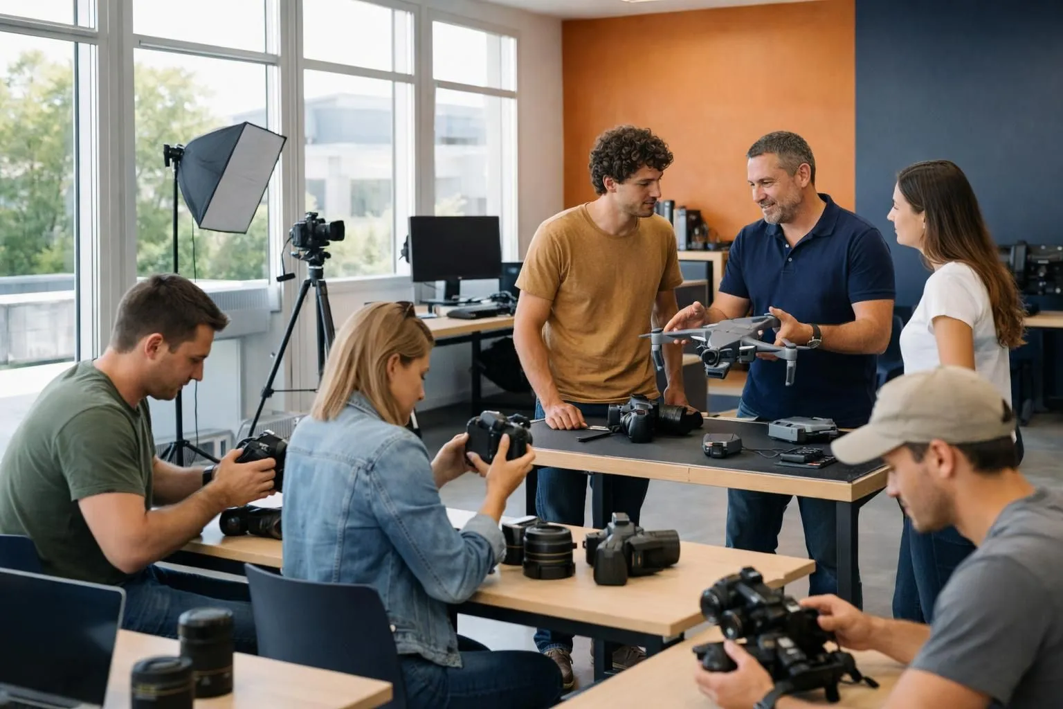 Modern training studio in Cholet with professional photography and videography equipment on tables, students examining camera gear, and a drone positioned on a workbench with an instructor pointing at its features, bright natural lighting through large windows, contemporary educational environment