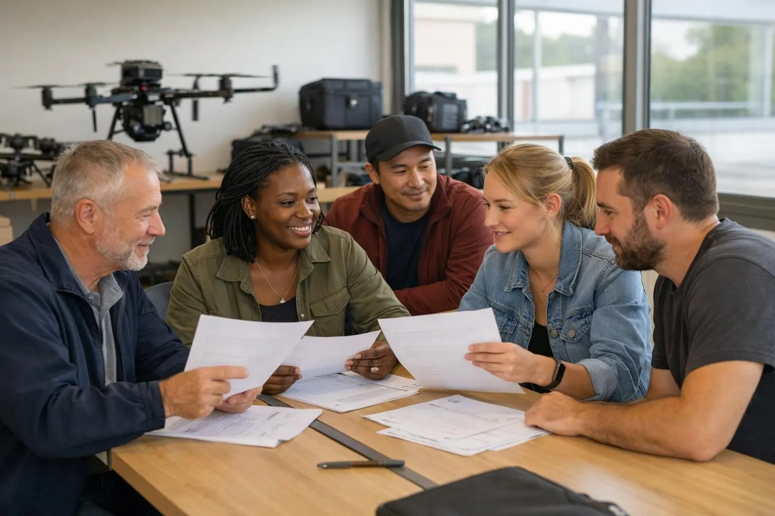 A group of diverse adult learners reviewing feedback documents and discussing their experiences around a table at a professional drone training center in Cholet, France, with drones and training equipment visible in the background, natural daylight creating an authentic educational environment