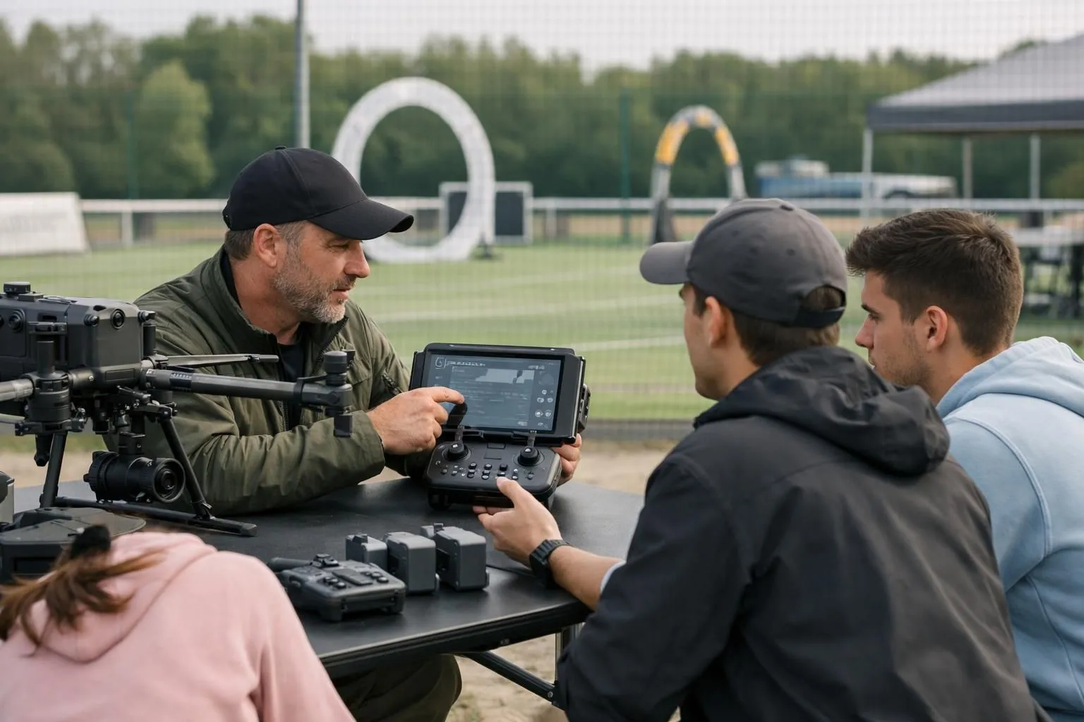 Instructor showing professional drone control interface to small group of attentive students around outdoor training table with multiple drones, realistic training environment in natural daylight