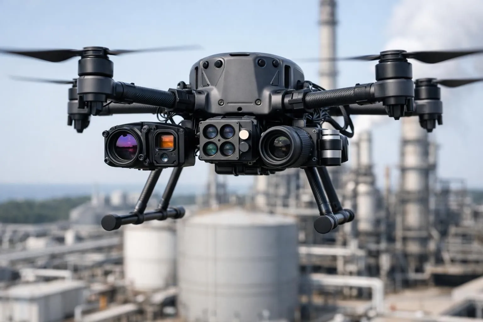 Professional drone equipped with thermal camera and multispectral sensors hovering above industrial facility, detailed close-up showing advanced AI-powered detection technology and modern sensor systems, realistic photographic style with focus on technological innovation in aerial monitoring