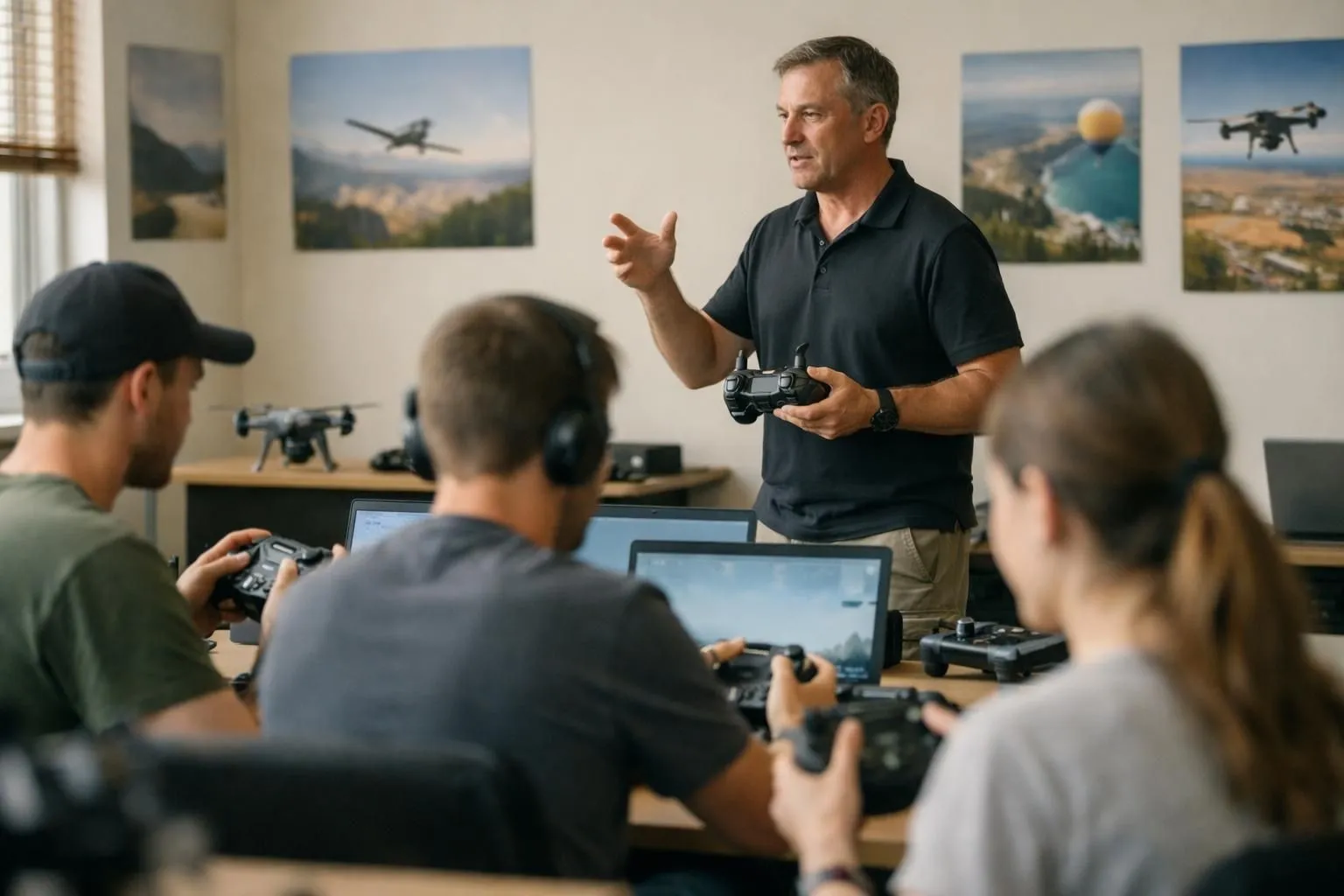 Interior view of a drone training facility showing students seated at individual workstations with remote controllers and tablet screens displaying flight simulations, while an instructor demonstrates proper piloting techniques with a professional drone mounted on a practice stand, bright classroom lighting with aviation posters on walls