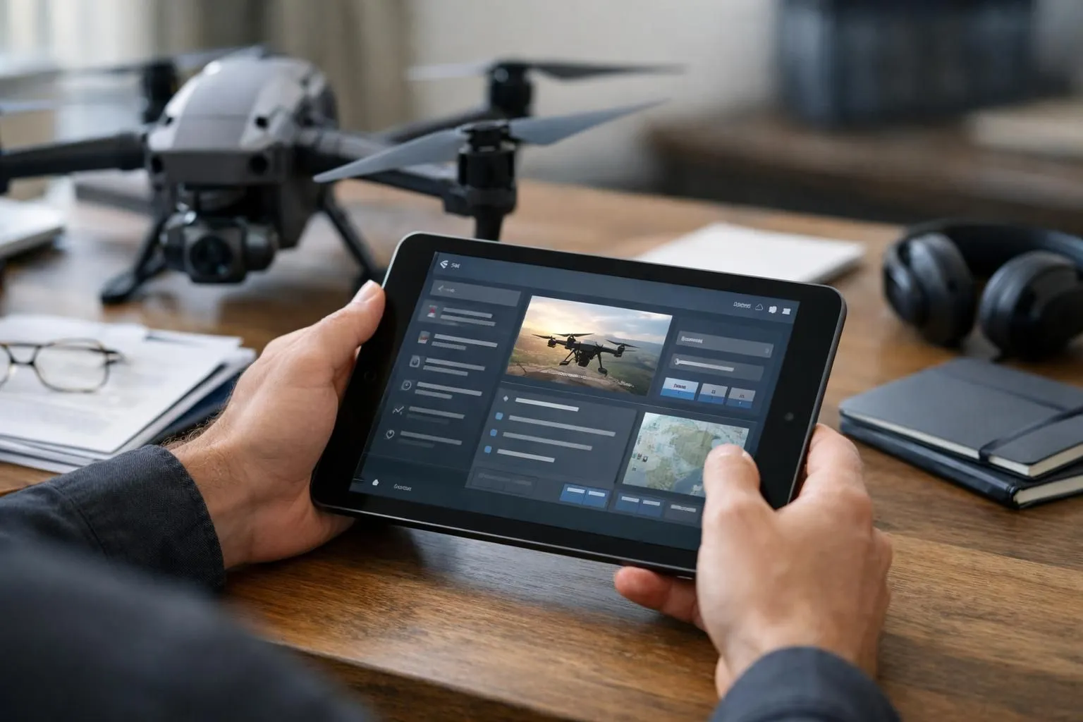 Close-up of hands holding a tablet displaying drone flight certification exam interface, with a professional quadcopter drone resting on a desk nearby, surrounded by aviation regulation documents and study materials, natural office lighting, realistic photography style