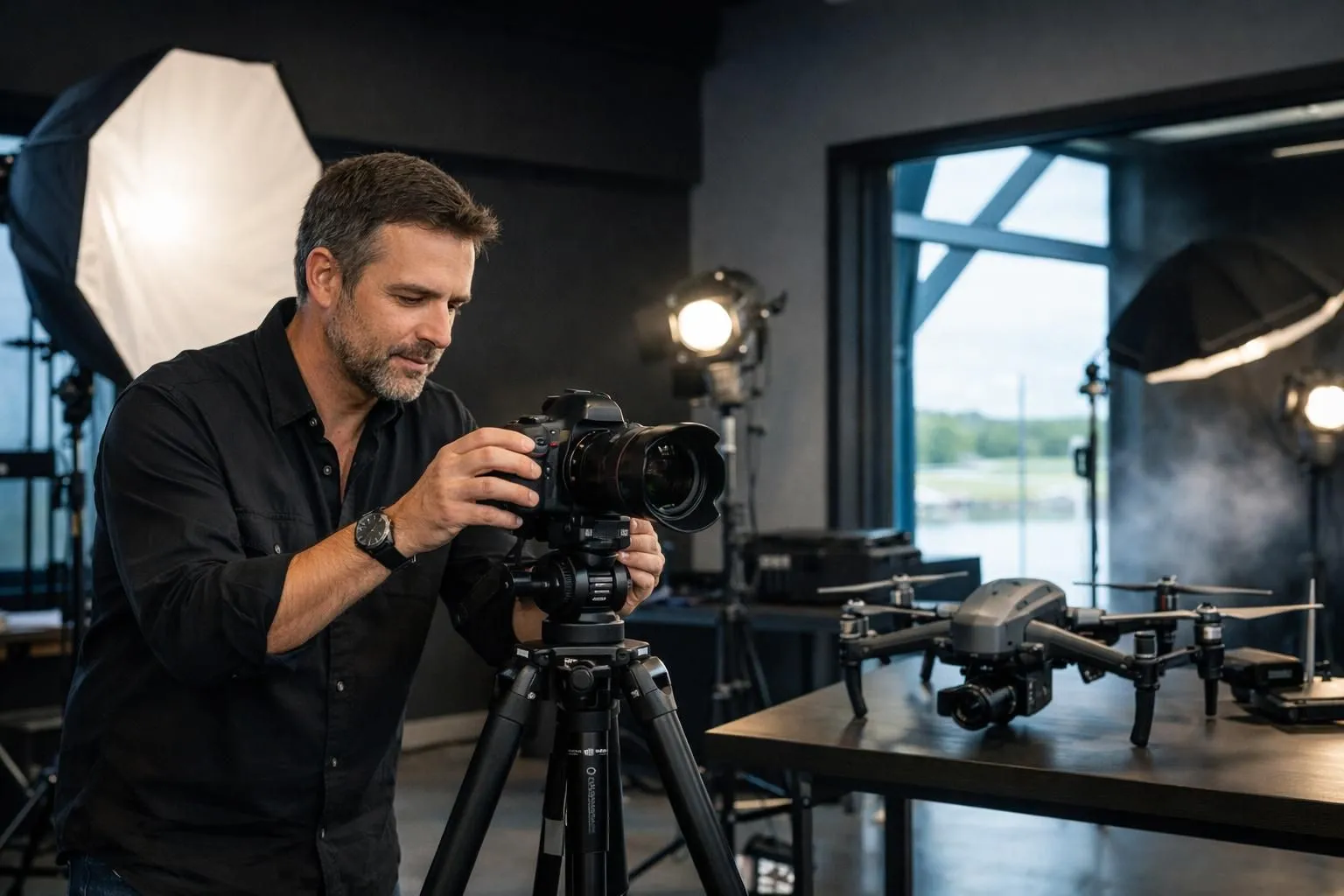 Professional photographer adjusting high-end camera on tripod in modern studio in Cholet, with professional lighting equipment and drone visible in background, technical atmosphere with Pays de la Loire aesthetic
