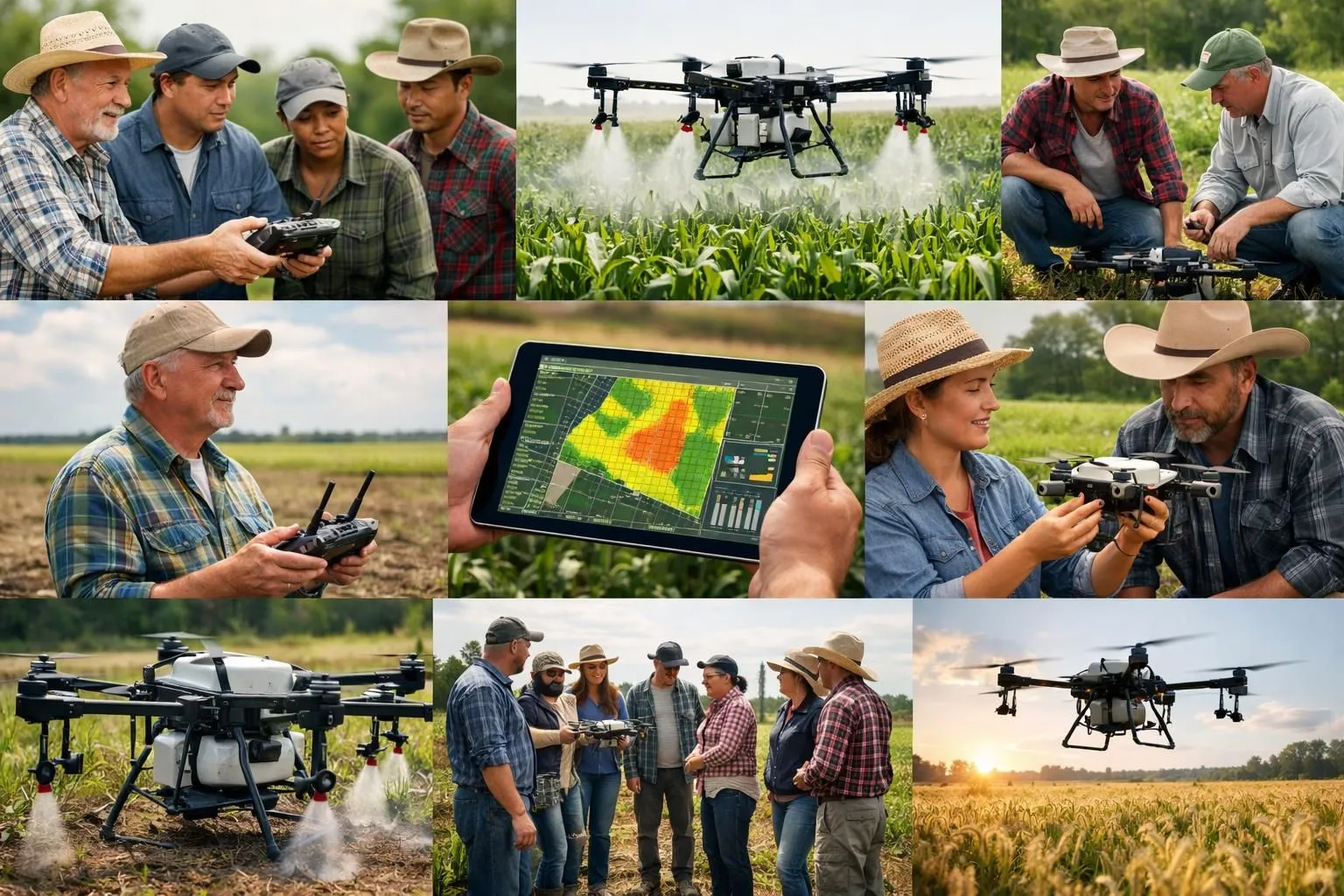 Formation drone pour agriculteurs: collage d'agriculteurs avec drones et cartes de précision en formation.