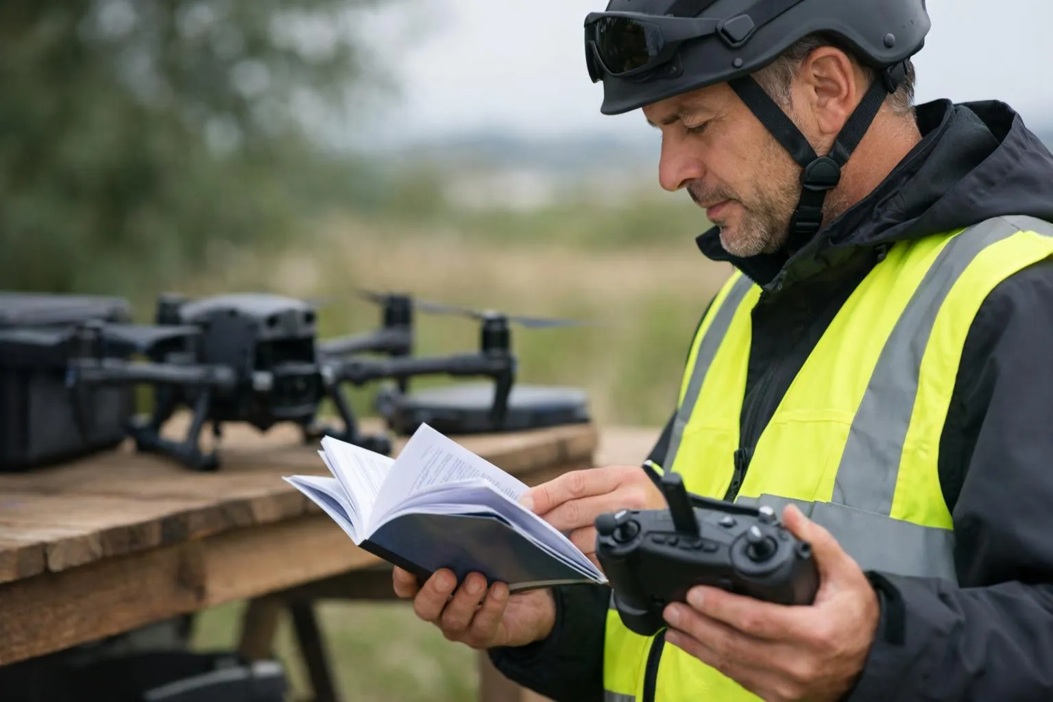 "Réglementation drone DGAC 2024 : pilote consulte manuel"