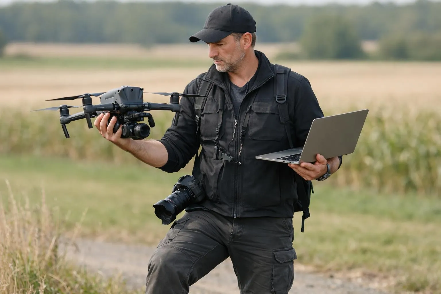 "Un professionnel du drone au travail, prêt à capturer des images aériennes de haute qualité"