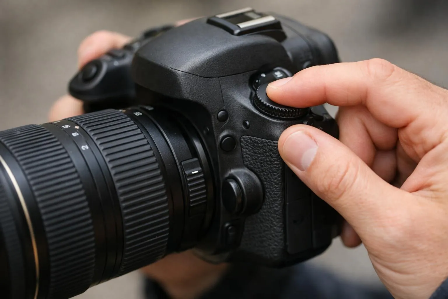 "Main d'un photographe avec un appareil photo reflex numérique, ajustant la mise au point pour capturer des moments uniques e