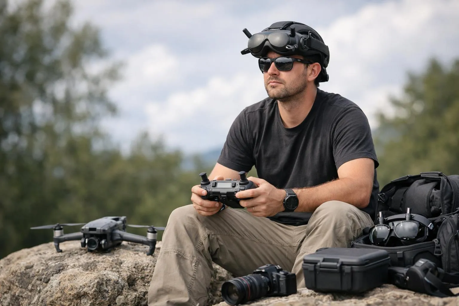 Outils indispensables pour un télépilote de drone en mission, avec équipement et contrôleur en main.
