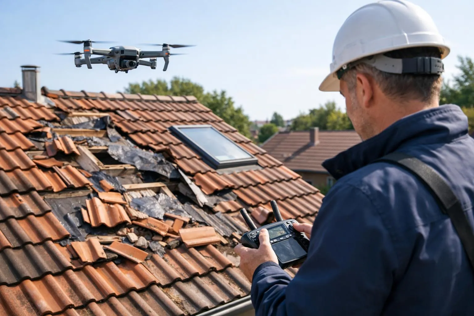 Drone pour expertises assurances : un expert contrôle son drone pour inspecter les dégâts sur un toit après une tempête.