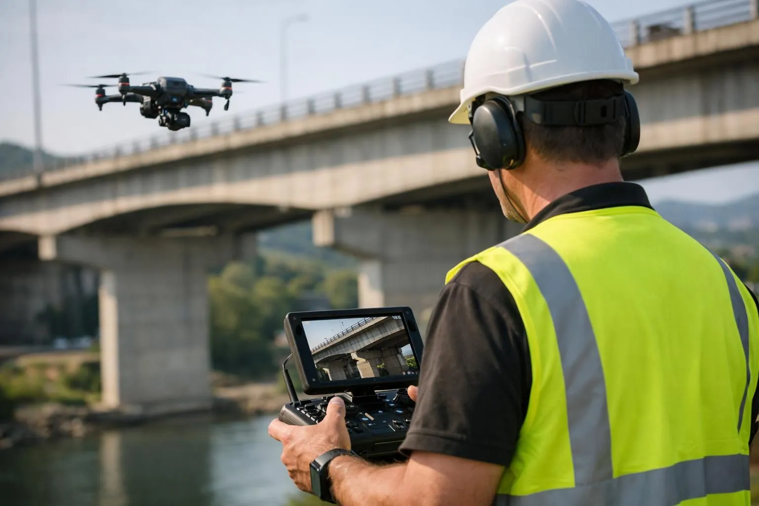 Drone pour inspection ponts - Technicien utilisant un drone pour inspecter un pont en toute sécurité et précision.