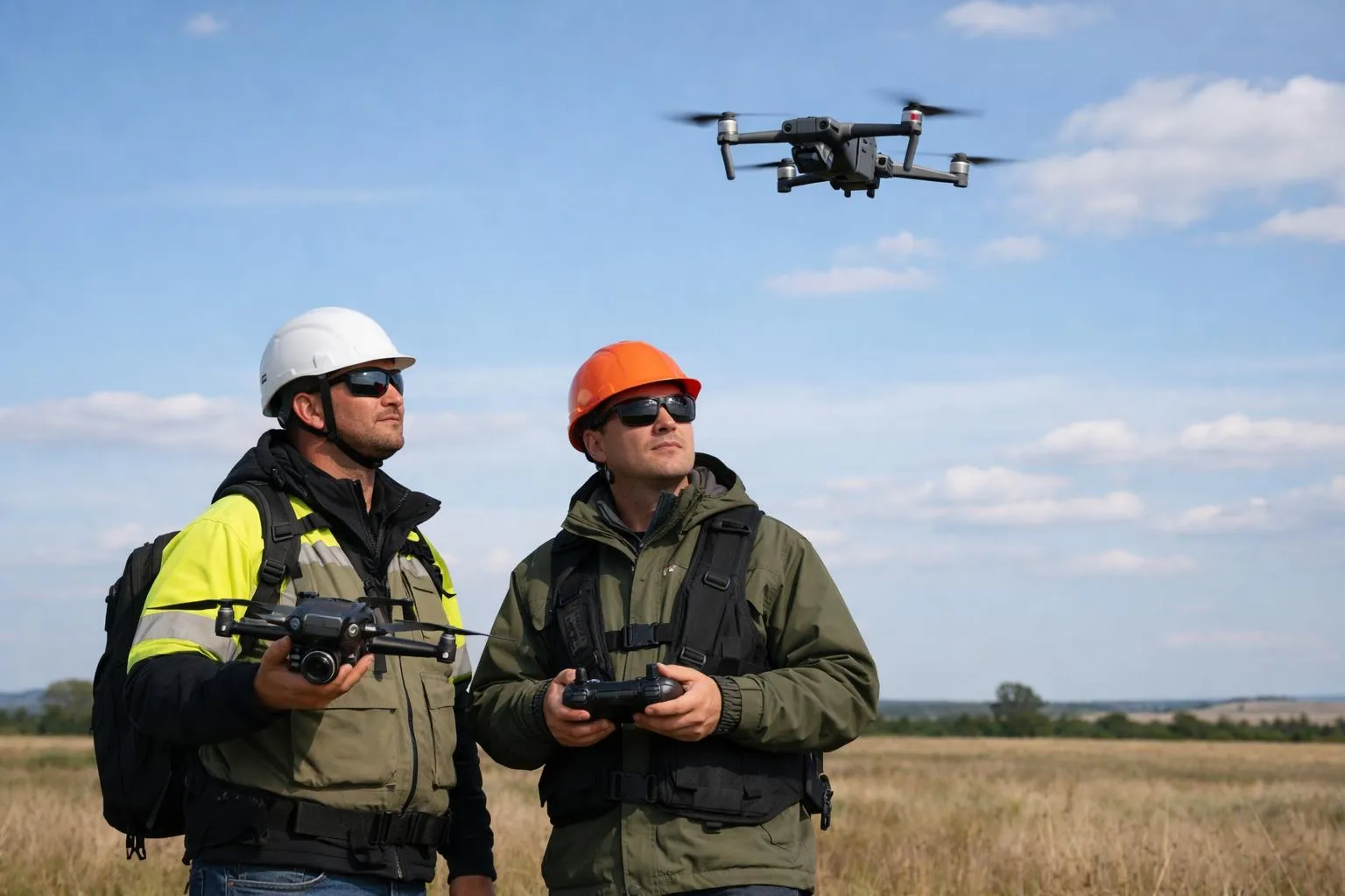 Différence entre télépilote et pilote drone, deux profils de professionnels du drone en action dans un environnement extérieu