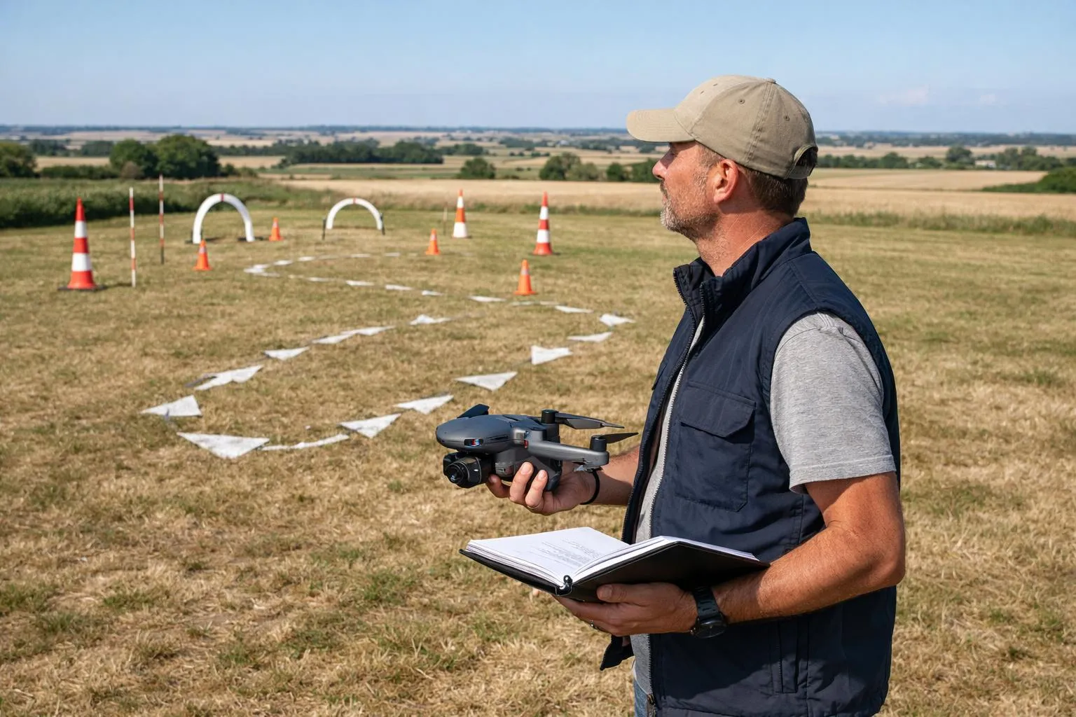 "Formation drone Charente-Maritime : instructeur préparant le vol dans un champ ensoleillé"