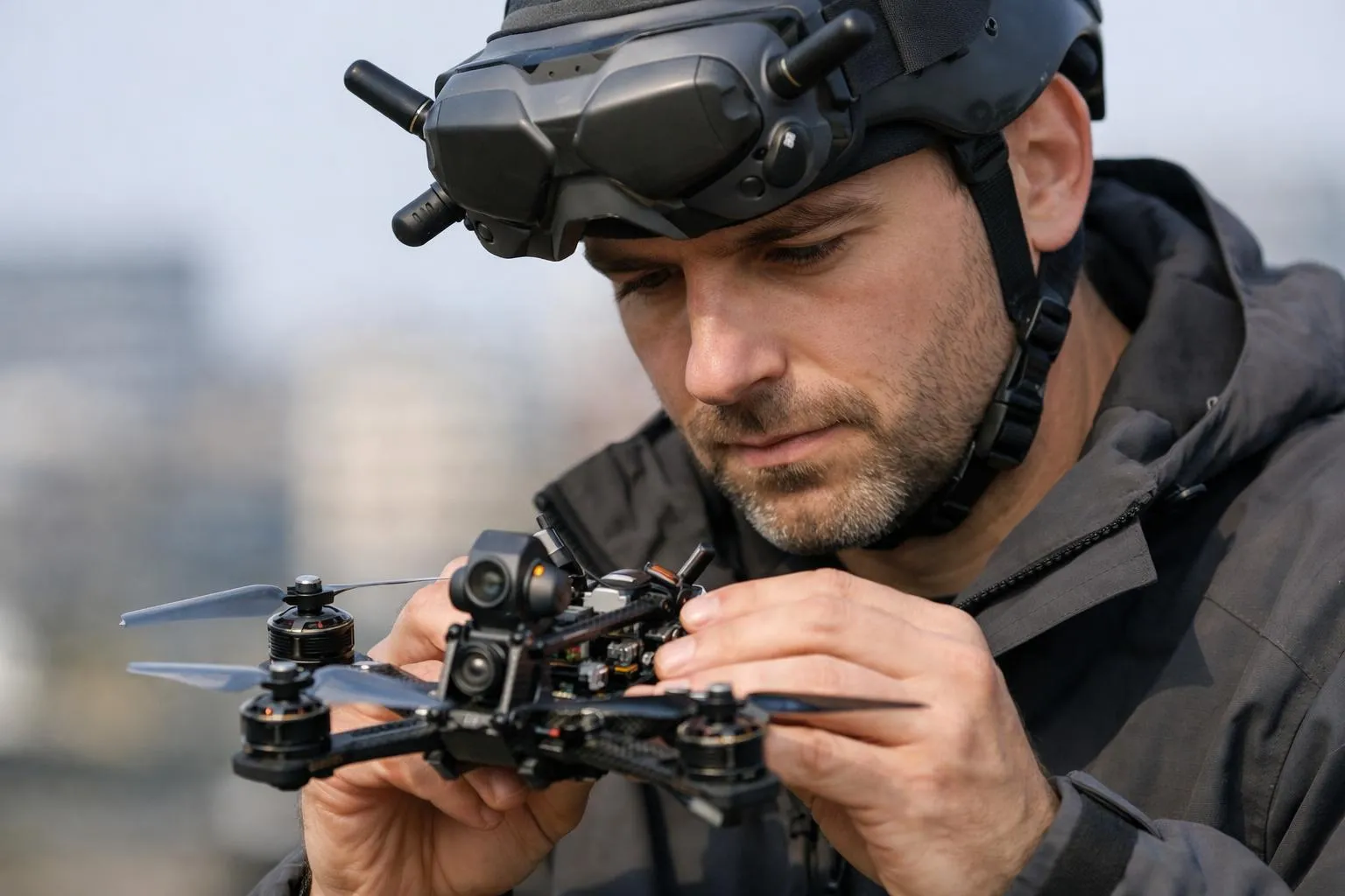Formation drone A1 A3, pilote vérifiant son drone avant vol en toute sécurité