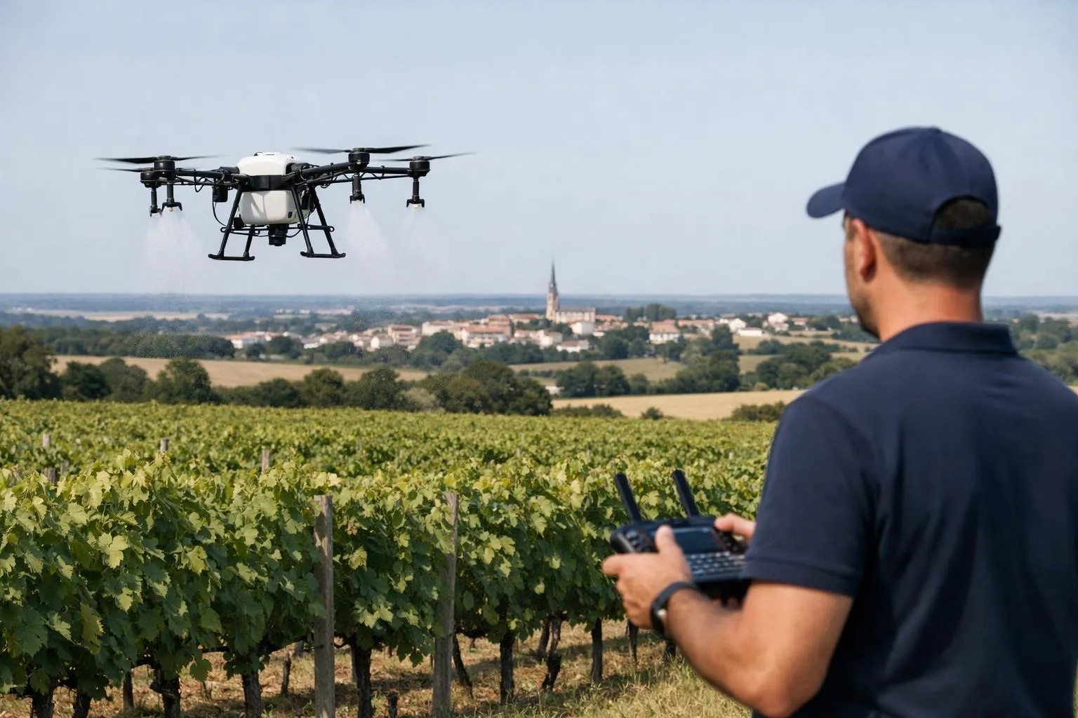 Agricultural drone hovering over vineyard rows in Cholet region with operator holding remote controller, precision farming technology in action, no text or labels visible