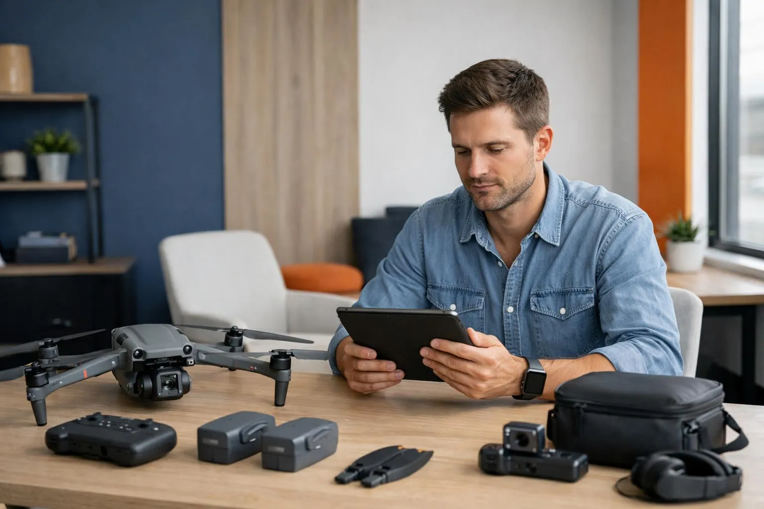 Professional drone pilot analyzing client acquisition strategy on tablet at outdoor location with DJI drone and camera equipment on table, modern business setting with laptop showing marketing dashboard, natural daylight