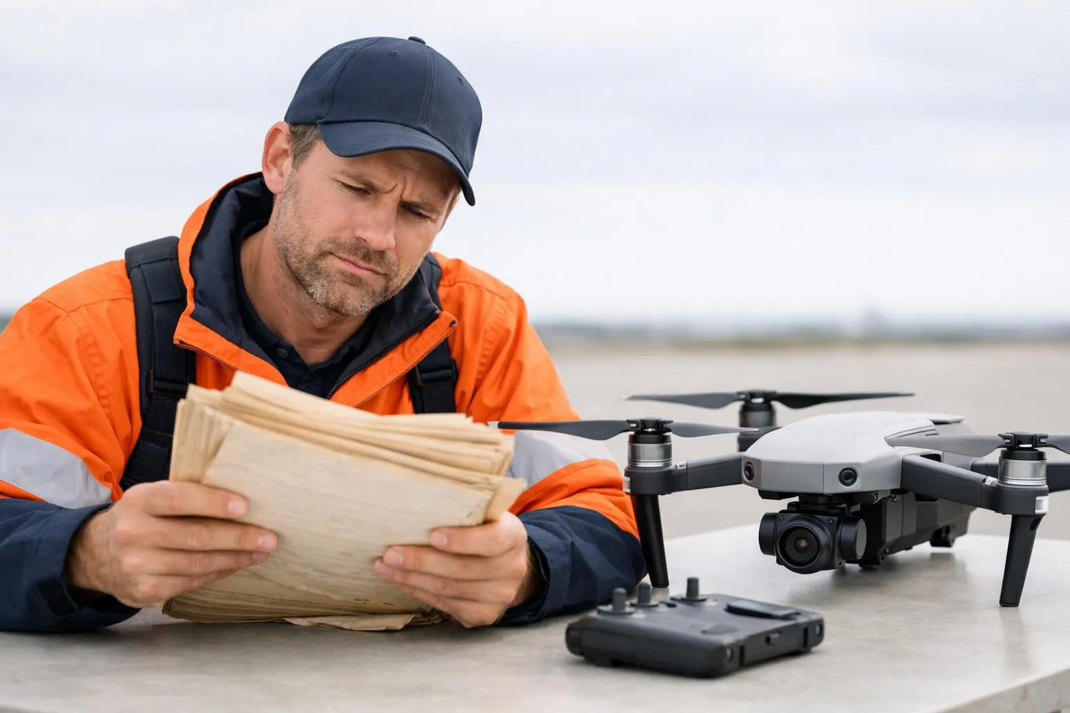 Professional drone pilot looking confused while reading old regulatory documents next to a modern commercial drone, symbolizing the gap between outdated information and current reality in drone regulations, realistic photography style with natural lighting