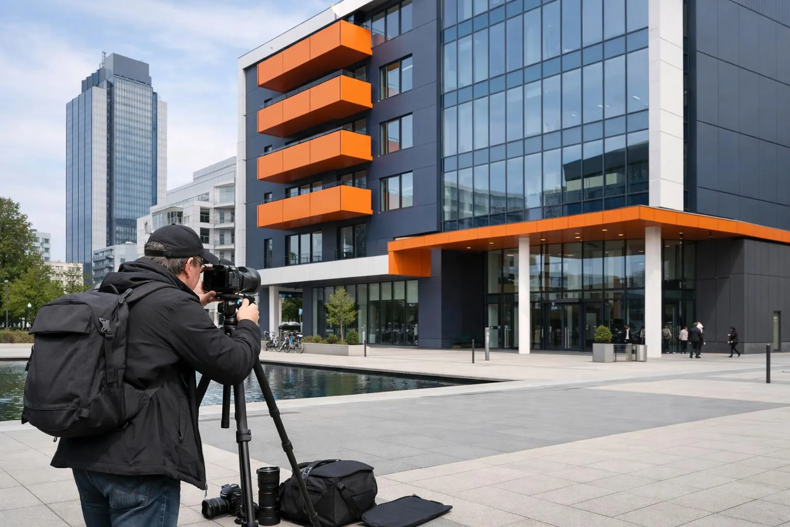 Professional photographer with camera on tripod photographing modern building exterior in urban Nantes setting, daylight, architectural photography setup visible, business district atmosphere, realistic documentary style