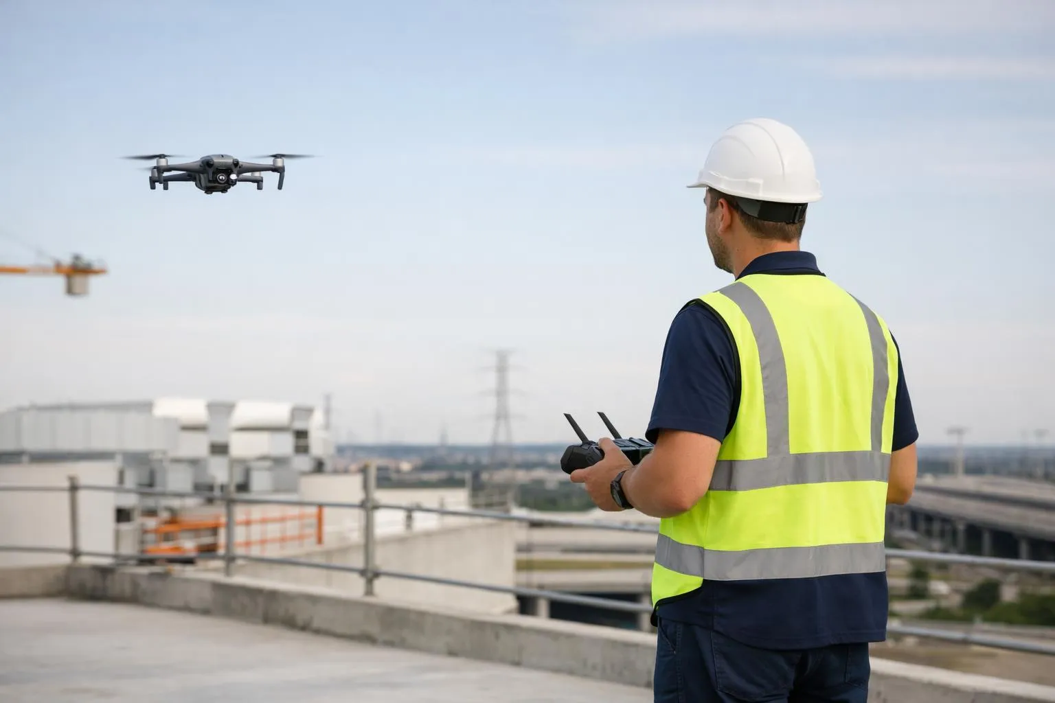 A certified drone pilot in high-visibility vest holding a professional remote controller, standing on a construction site rooftop with a commercial quadcopter drone hovering nearby, inspecting building infrastructure under clear daylight, realistic professional photography style