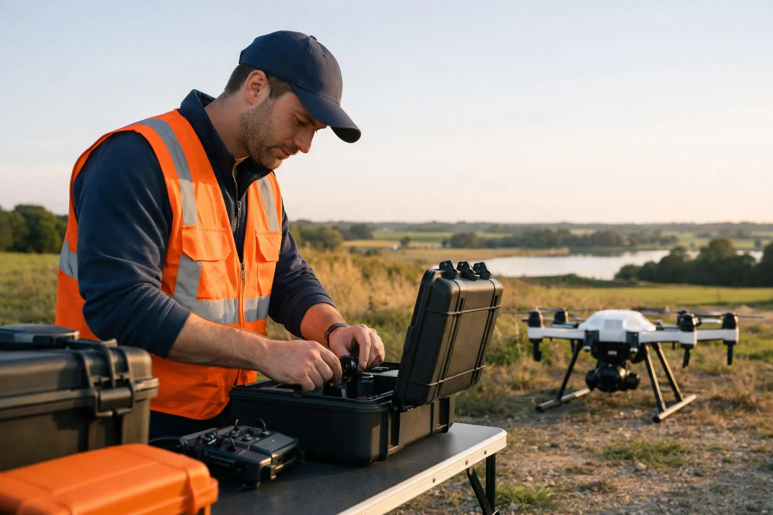 Homme en uniforme de sécurité préparant un drone pour une inspection.