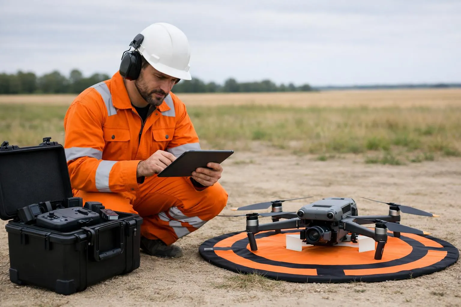 Homme en combinaison de travail orange utilisant une tablette près d'un drone sur une plateforme au sol.