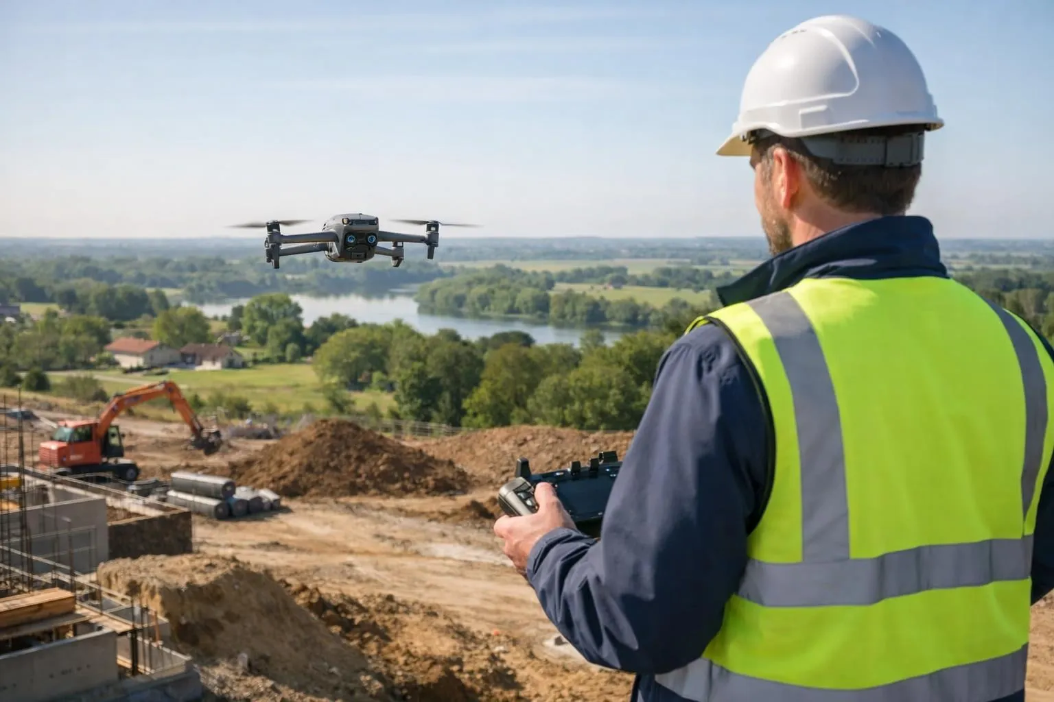 Ouvrier en tenue de sécurité pilotant un drone au-dessus d'un chantier de construction.