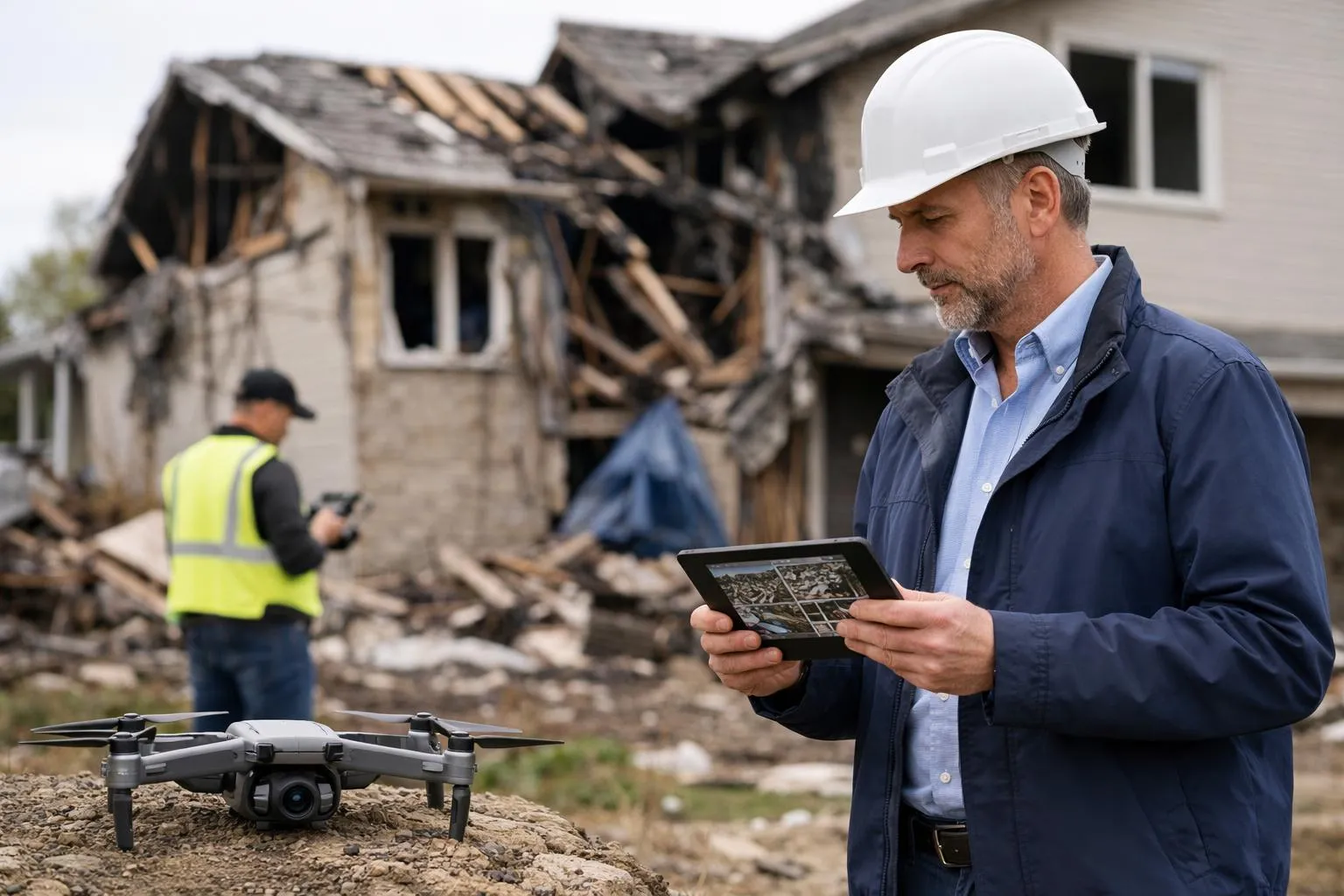 Homme avec casque de sécurité examinant les dommages sur un bâtiment détruit, avec un drone sur le sol.