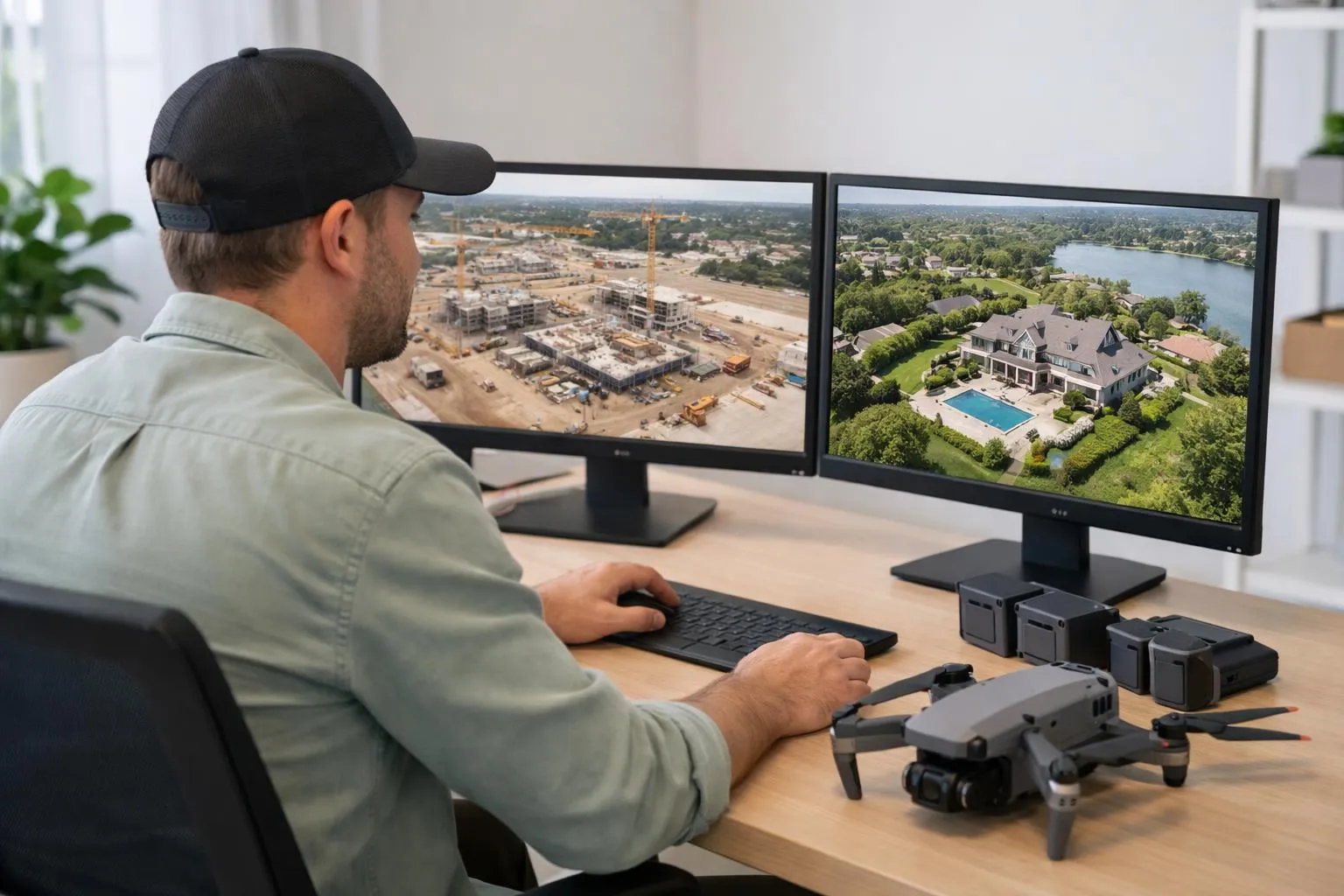 Professional drone pilot sitting at modern desk reviewing high-quality aerial footage portfolio displayed on dual monitors, showing construction site progress and property views, with drone equipment visible on desk, natural office lighting