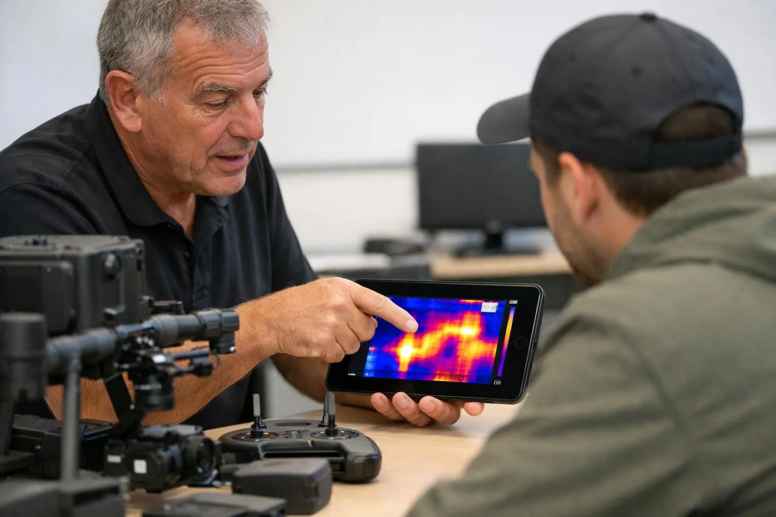 Close-up of instructor Jacky Duverger pointing at thermal imaging display on tablet screen while trainee observes, professional drone equipment visible on training desk, modern classroom setting with technical diagrams on wall, focused learning atmosphere