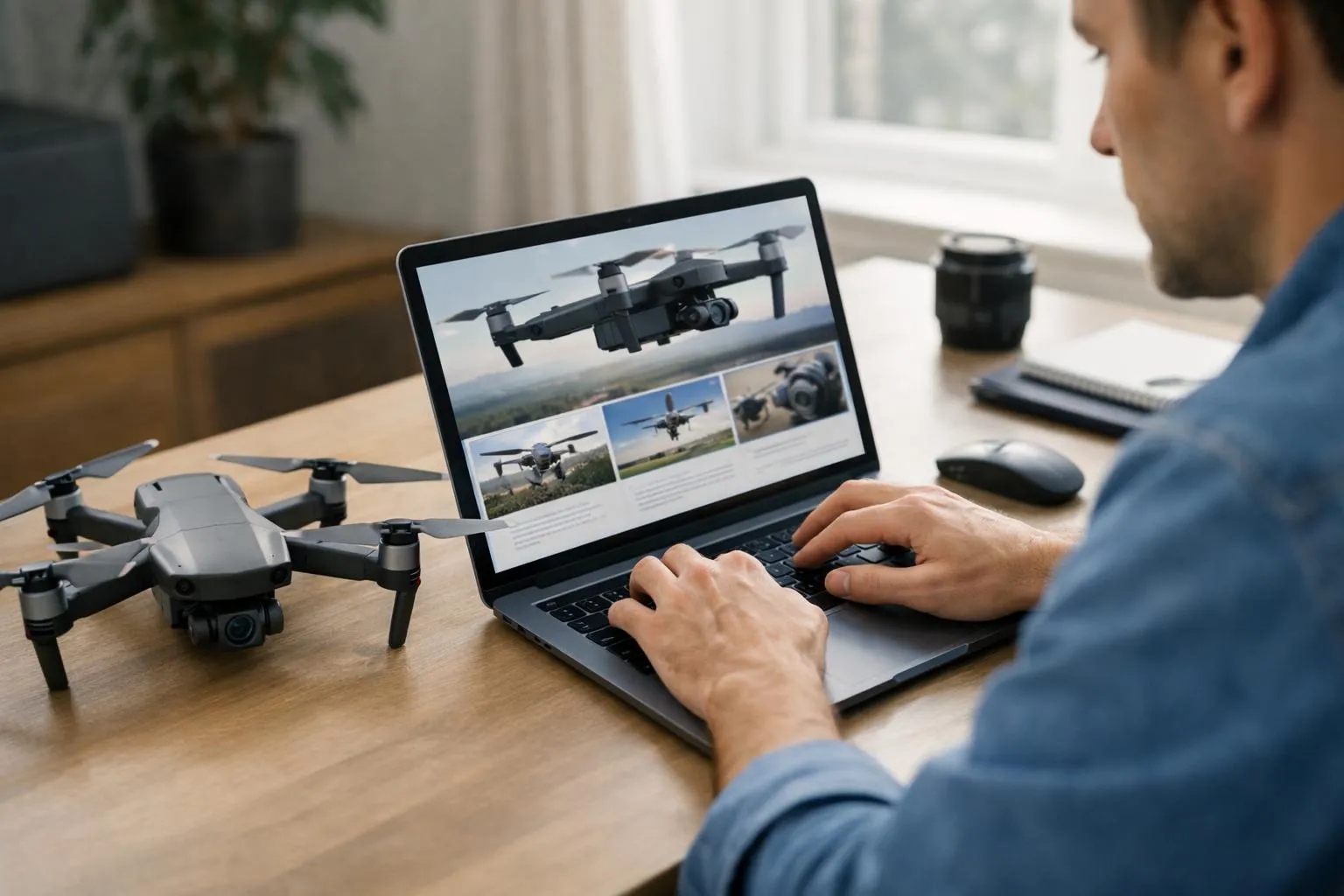 A realistic close-up of a person sitting at a modern desk with a laptop displaying an online drone training platform interface, hands on keyboard, small quadcopter drone visible on the desk beside the screen, bright natural light from a window, professional home office setting, focused and engaged expression, no text or labels visible on screen or objects