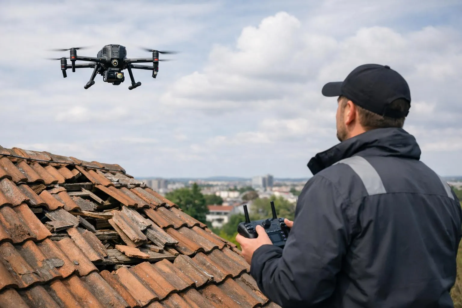 Homme pilotant un drone au-dessus d'un toit en tuiles.