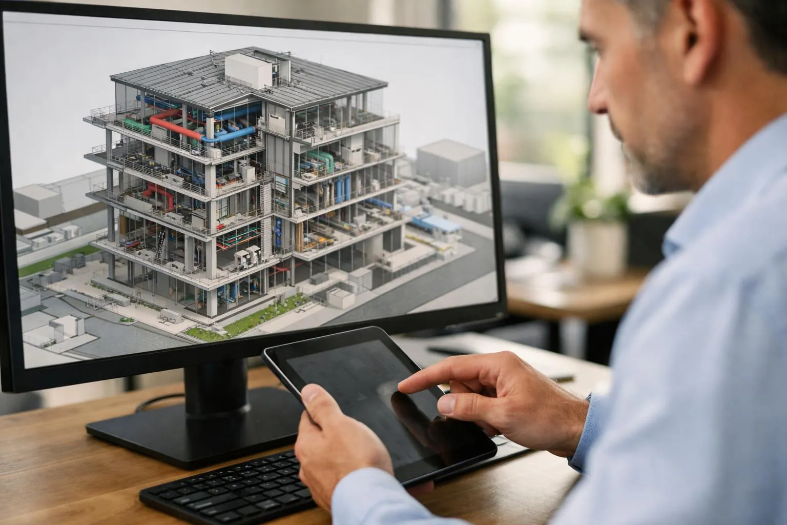 Modèle 3D détaillé d'un bâtiment industriel complexe avec plusieurs étages.